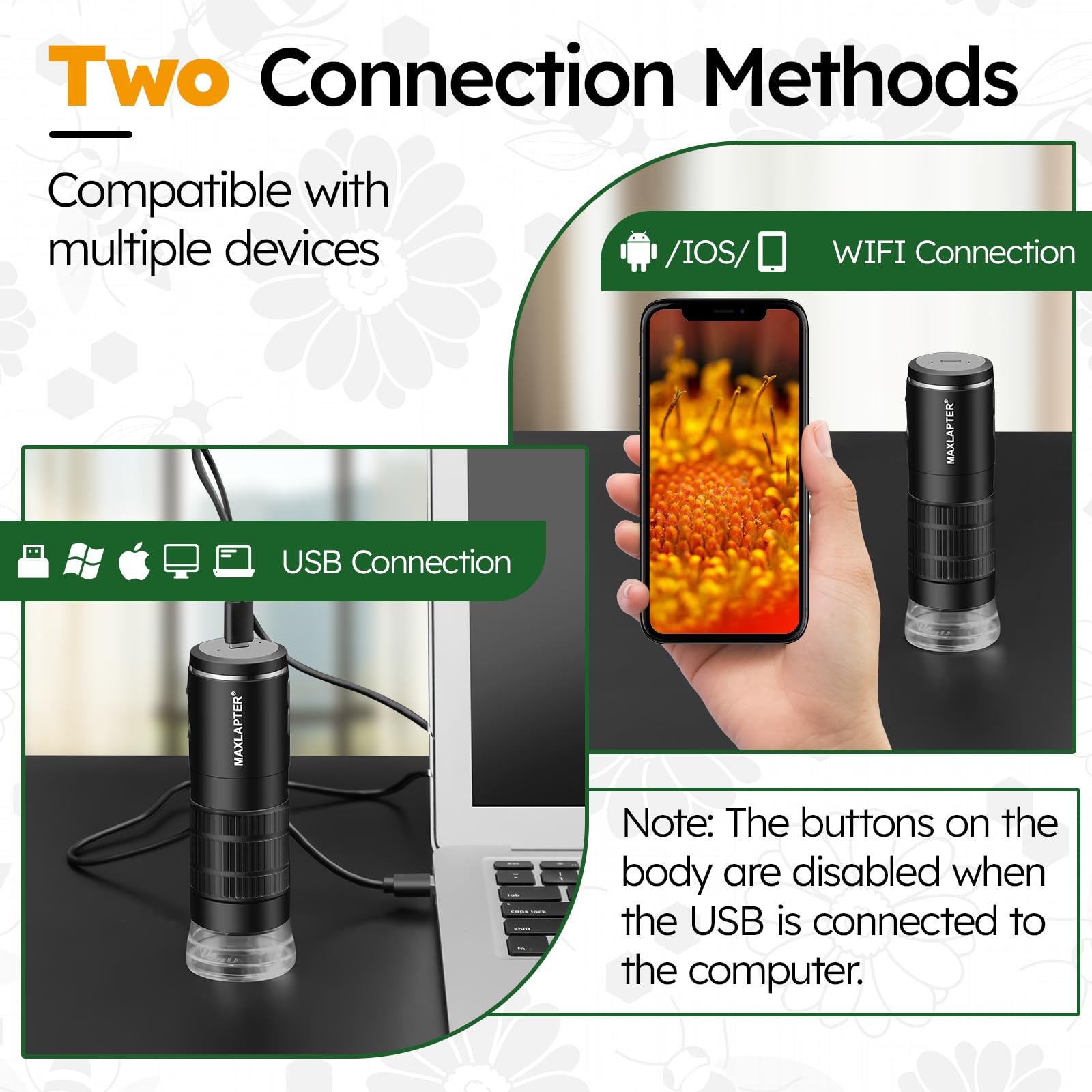 MAXLAPTER Microscopio Digitale WiFi 50X-1000X Ingrandimento per Adulti e Bambini, USB Microscopio Portatile Senza Fili con 5 Vetrini, Compatibile con iPhone iPad Android Windows Mac