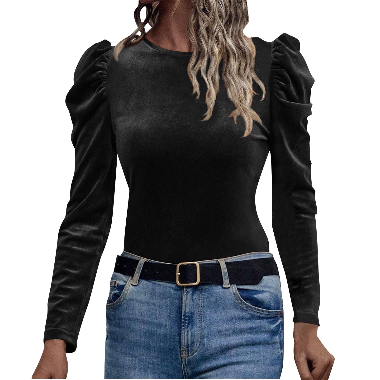 Women's Velvet Puffer Long Sleeve Blouse Tops Crew Neck Slim Tee Shirts Casual Solid Color Business Dressy Pullover Black
