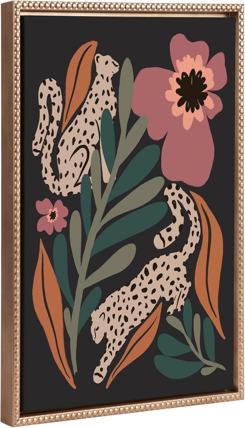 Kate and Laurel Sylvie Beaded Wild Garden Vintage Framed Canvas Wall Art by Oris Eddu, 23x33 Gold, Modern Colorful Plant and Animal Art