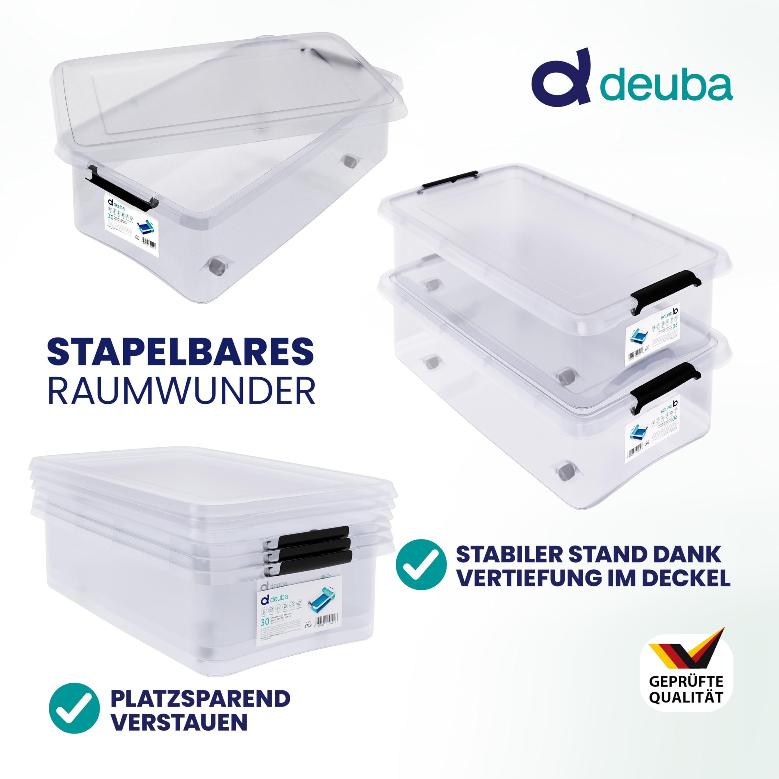 Deuba® Aufbewahrungsboxen 4 x 30l mit Deckel und Rollen, stapelbar, transparent Kunststoff BPA-frei Klickverschluss, RB60 für Büro, Garage, Waschraum