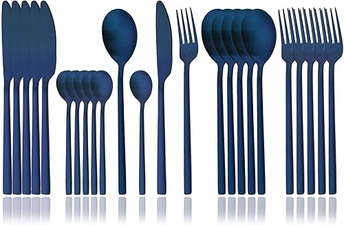 JASHII Juego de cubiertos cepillados, 24 piezas, color azul mate, juego de cubiertos de acero inoxidable para 6, tenedor, cucharas y cucharaditas