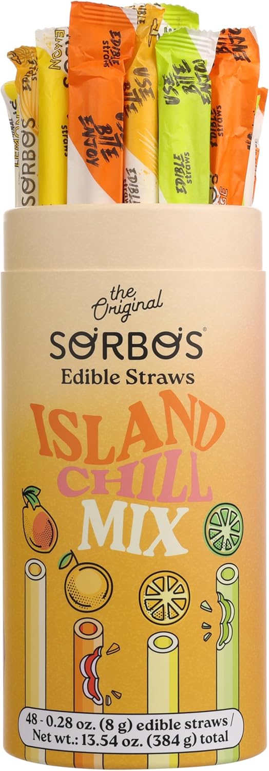 SORBOS Edible Drinking Straws, Island Chill Mix Variety Pack – Lime, Lemon, Tropical and Orange Flavors, Individually Wrapped, Gluten Free, 7.5‑Inch (Pack of 48)