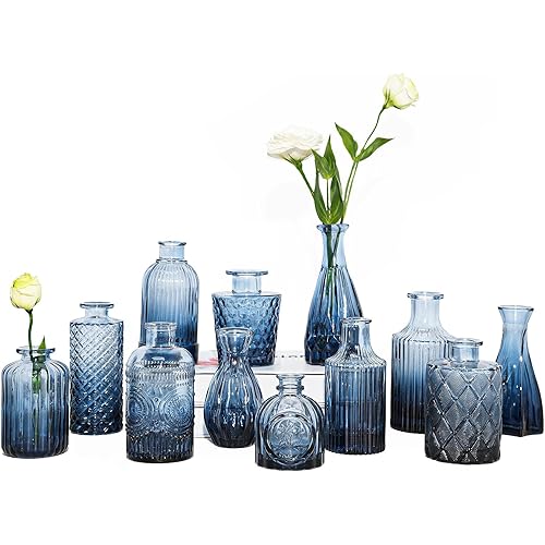 12Pcs Blue Glass Bud Vases Set, Small Vases for Flowers, Perfect for Centerpieces at Parties, Baby Showers, Weddings, Events, Graduation Season, Great Gifts for Office & Home Décor
