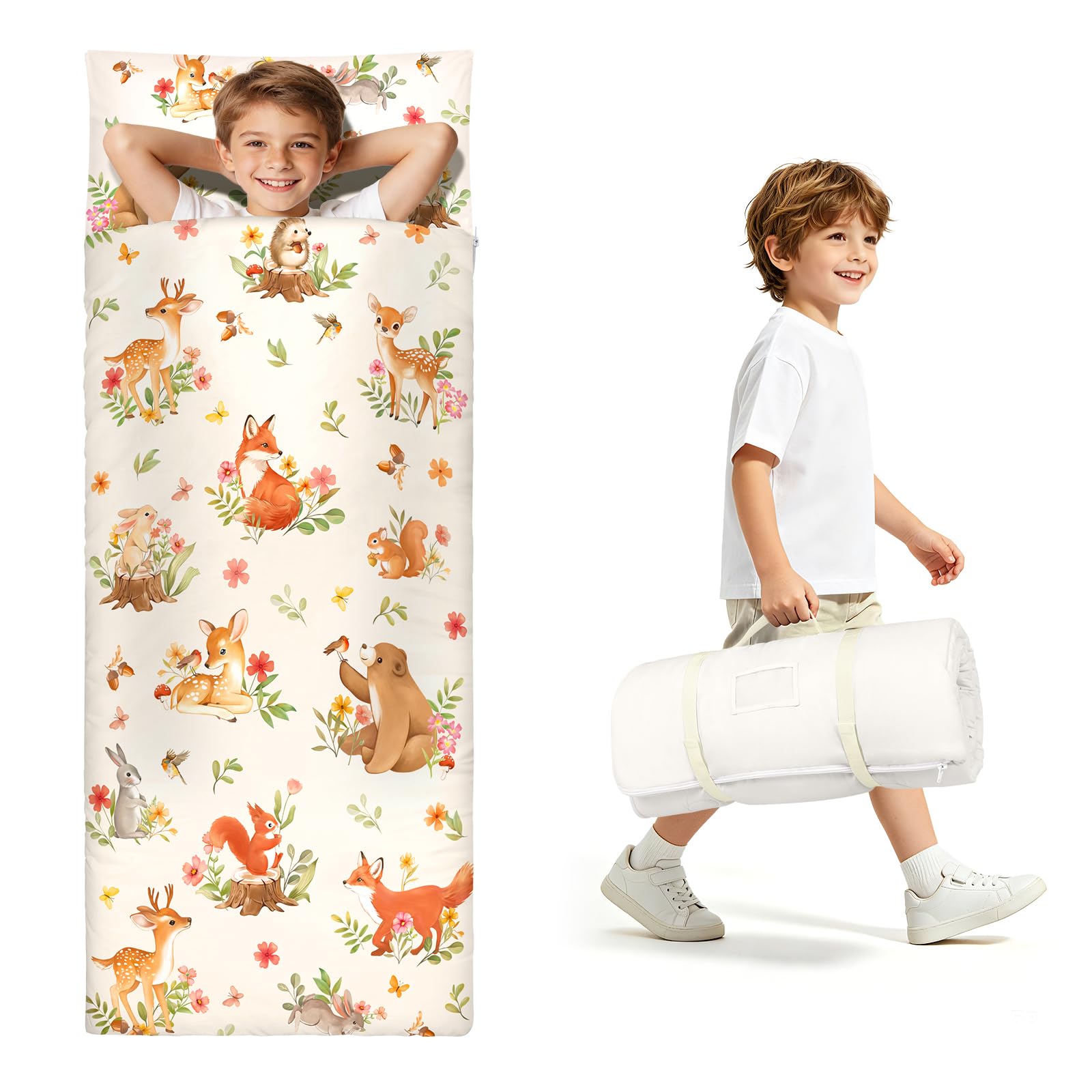 Toddler Nap Mat with Removable Pillow, 59"×24" Roll Up Kids Sleeping Bag