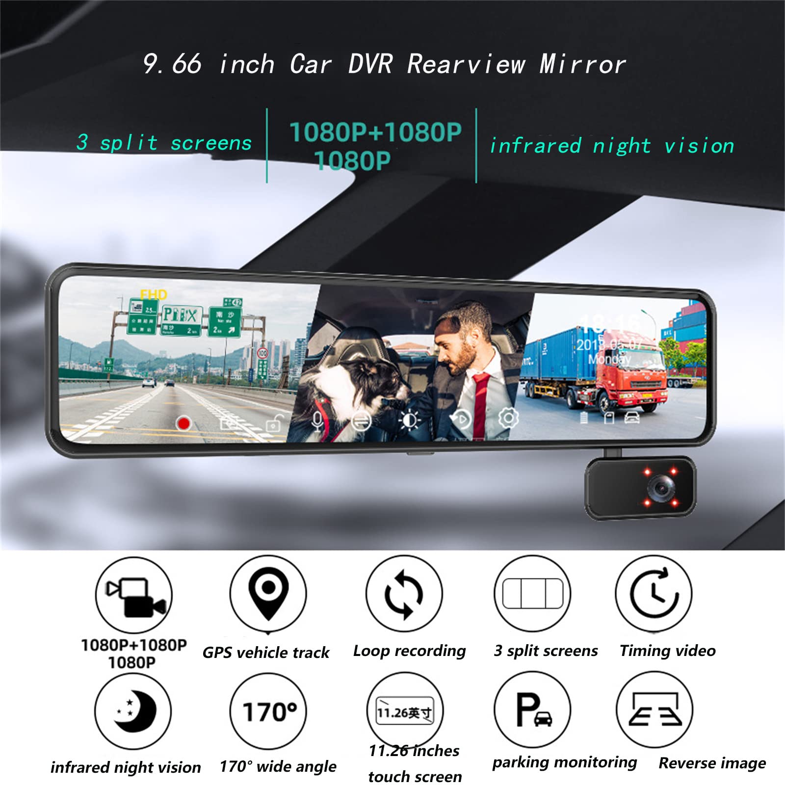3 Channel Mirror Dash Cam, 12'' Full Touch Screen Rear View Mirror