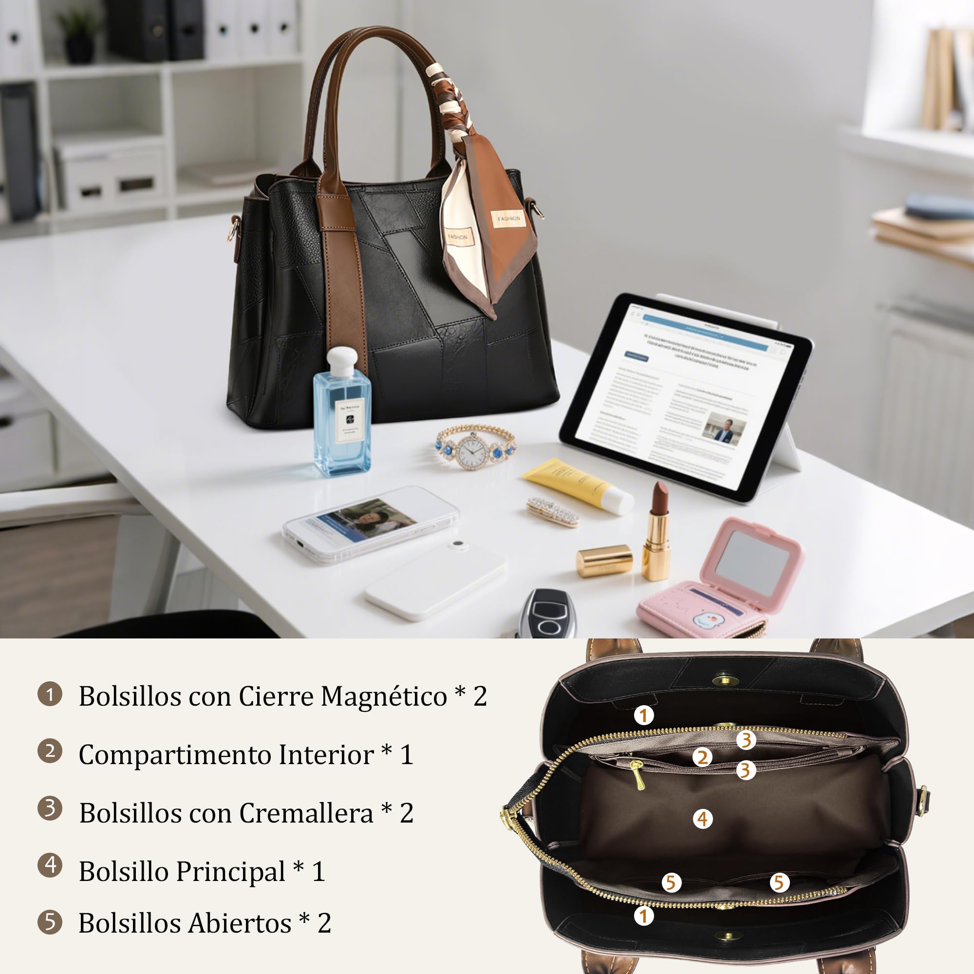 Bolso Mujer Bolsa de Mano Textura de Costura de Moda Bolso de Hombro con Asa Superior Cuero PU Señora Bolso Bandolera para Compras Viajar Trabajar Negro
