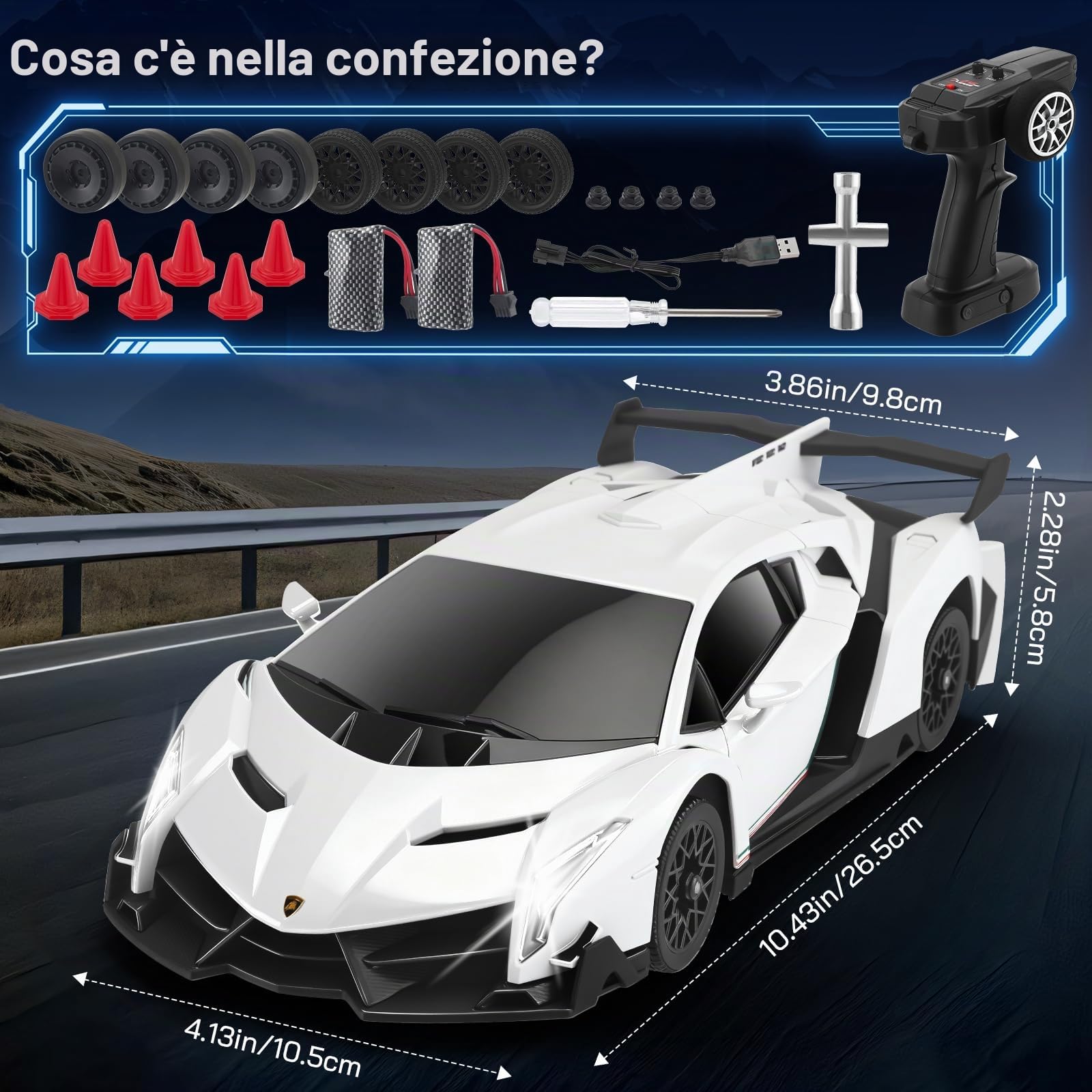 Lamborghini RC Drift Car 1:18 4WD - Auto da corsa ad alta velocità da 35 km/h con luci a LED - Giocattolo da drift telecomandato completamente proporzionale, regalo per bambini, bianco