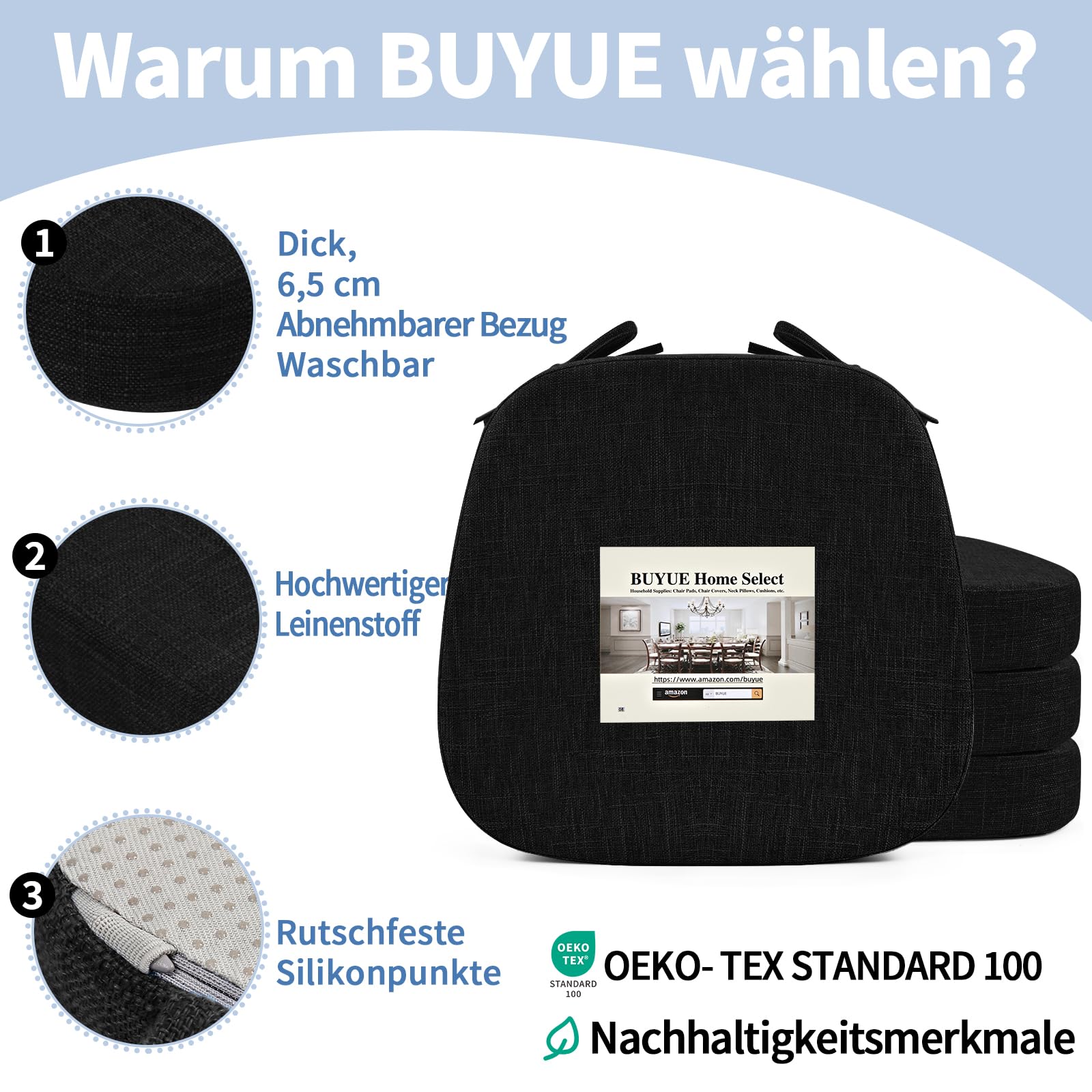 BUYUE Stuhlkissen 6,5 cm dick, U-Form Sitzkissen 40x40 cm mit hochdichtem Schaumstoff, Stoffbezug, rutschfestes Sitzpolster für Küche und Esszimmer (4 Stück, Schwarz)