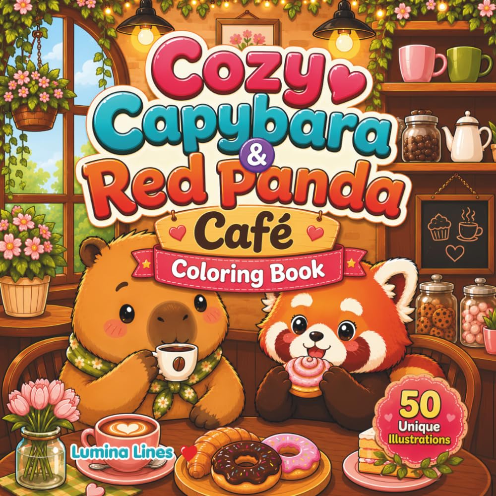 Cozy Capybara & Red Panda Café Coloring Book: Cute and Easy Coloring Pages Featuring Adorable Kawaii Animals and Cozy Coffee Shop Scenes