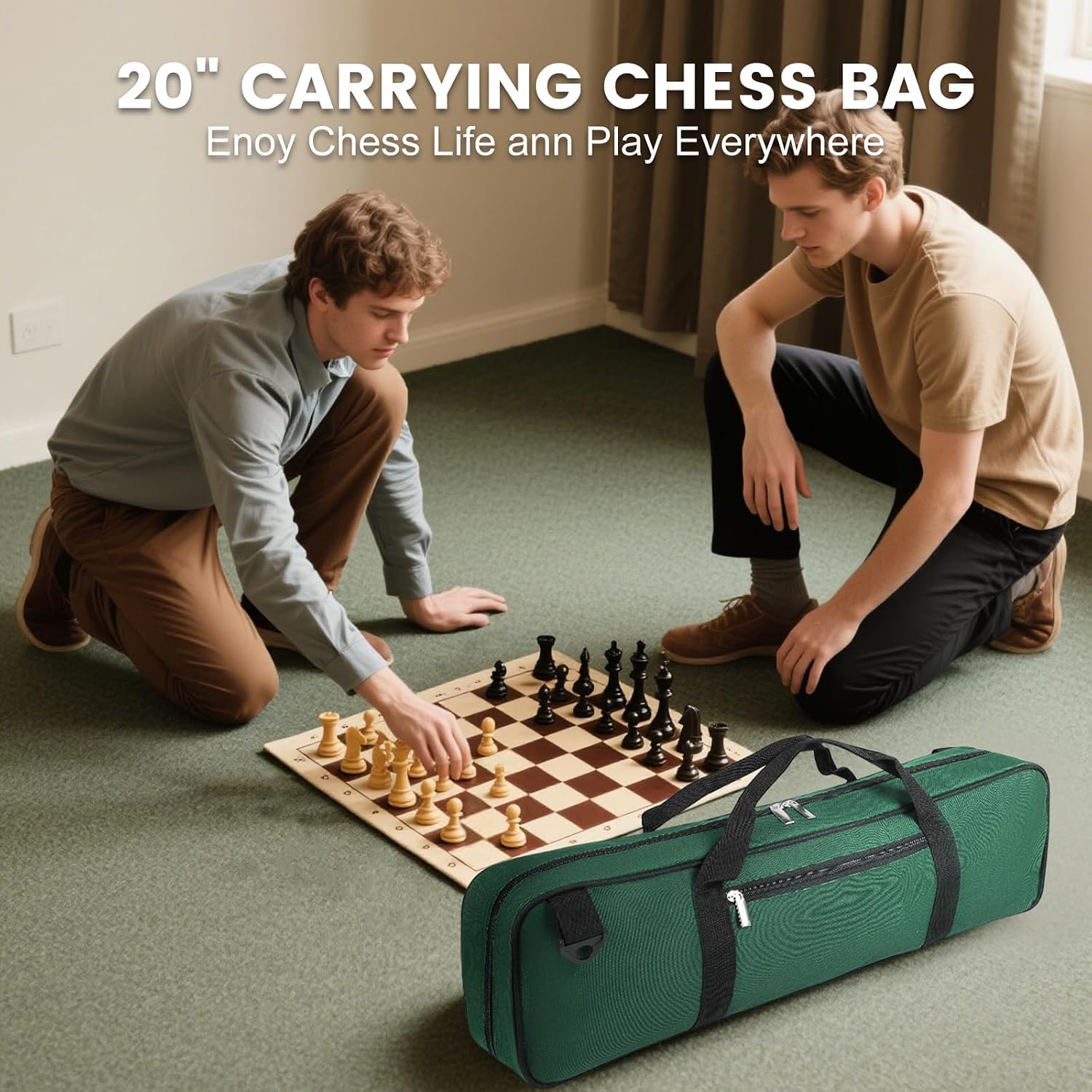 LEAP Chess Bag Only for Chess Sets Convenient Carrying Bag with Four Store Part for Roll-up Chess Board Chess Pieces Chess Clock, Carry Case of Chess Sets for Traveling or Camping Green