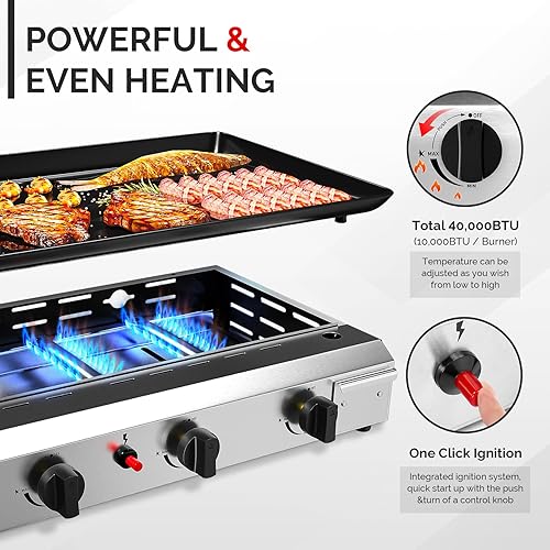 Miniatura 3 de ROVSUN Parrilla de propano portátil de 4 quemadores con encendido electrónico, 40,000 BTU parrilla de gas con bandeja esmaltada antiadherente,