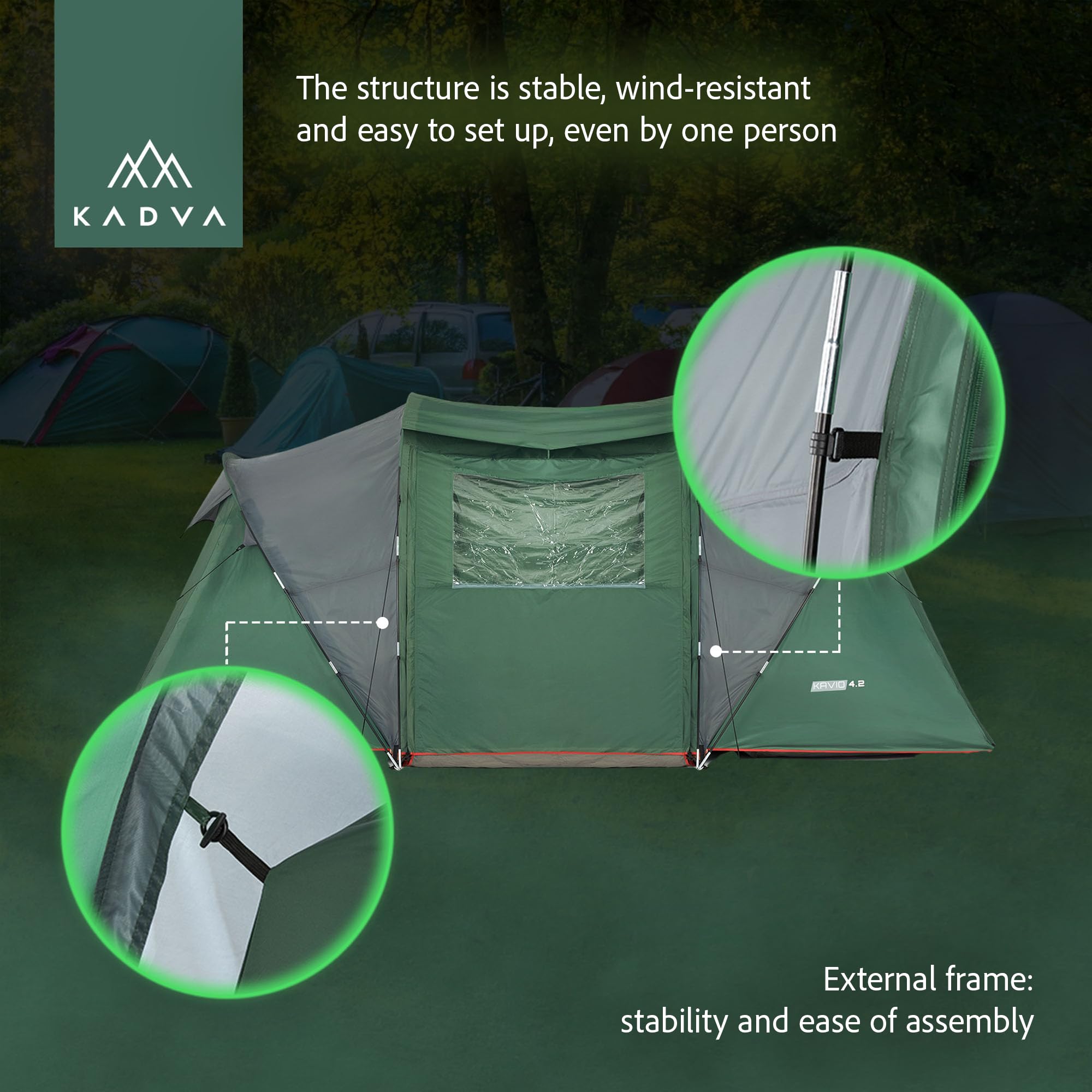 KADVA Tienda de campaña Kavio 4.2, para 4 Personas, con 2 dormitorios, Gran vestíbulo con iluminación, Resistencia al Agua 2000 mm, mosquitera, Marco Exterior Estable, compacta (68 x 30 cm, 11,96 kg)
