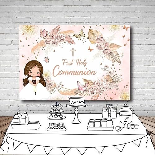 Miniatura 10 de MEHOFOND Telón de fondo de la primera comunión que Dios bendiga a las niñas, decoraciones de fiesta de bautismo, ceremonia de bautizo, baby shower,