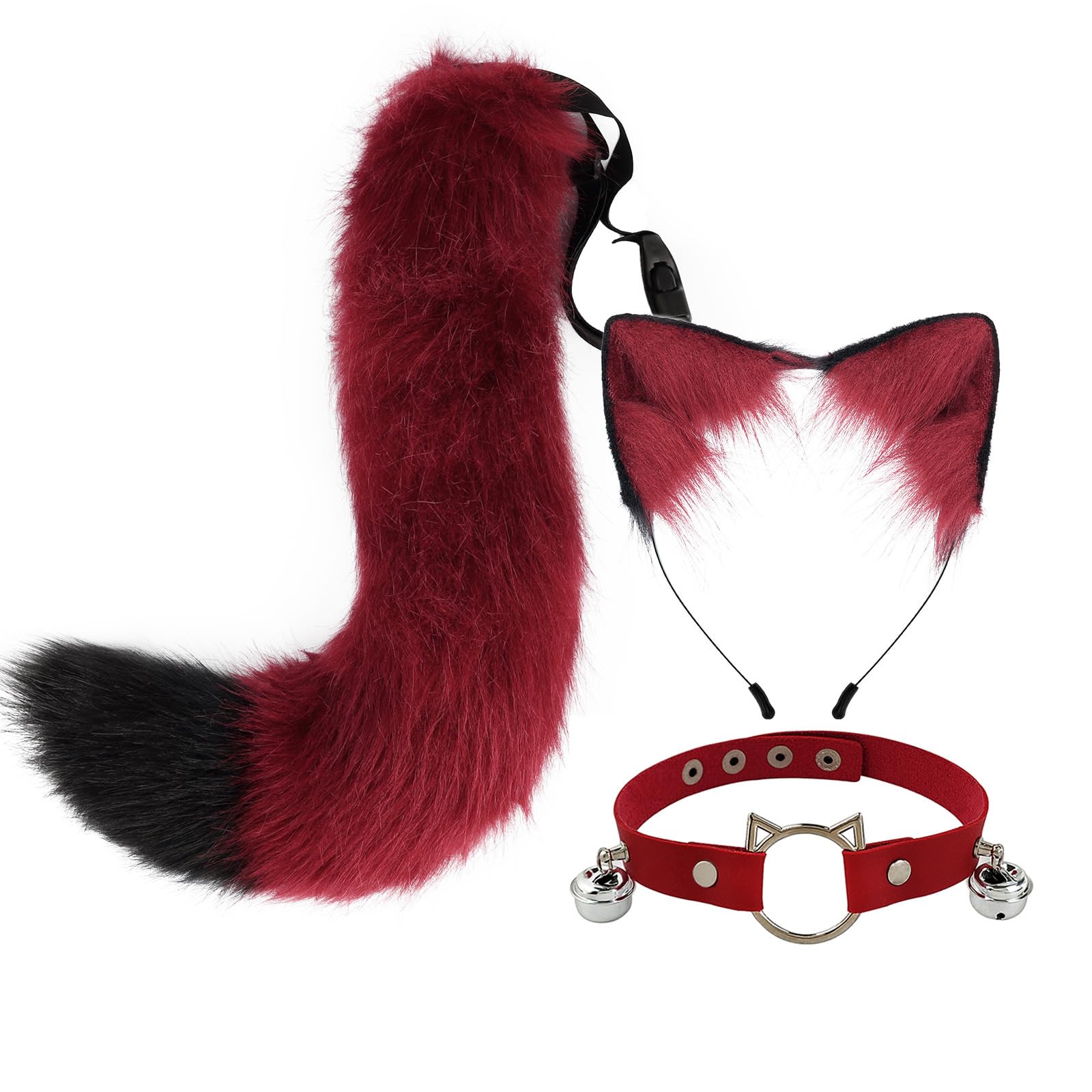 Feclmiyt Faux Fur Cat Ears Hair Clip Costume Ornament Furry Wolf Fox Tail Halloween Bell Leather Neck Chocker Cosplay Set Clubwear (Red, 50cmx11cm) — image 1