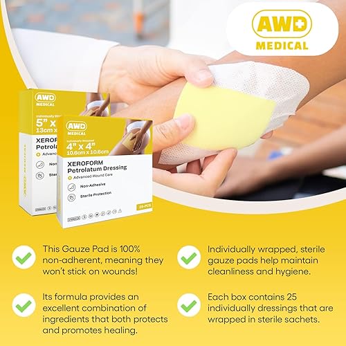 Miniatura 8 de AWD Medical Xeroform - Aderezo de vaselina  Almohadilla de gasa no adherente  Parche de gasa de malla fina estéril  Suministros para el cuidado de