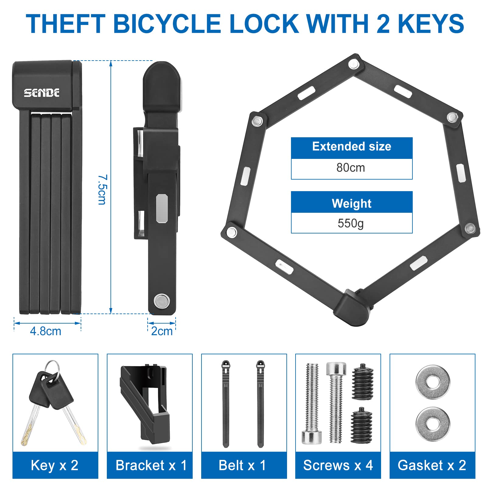 Lucchetto Pieghevole per Bicicletta con Supporto con 2 Chiavi e 1 Anello Portachiavi in Acciaio Temprato con 6 Articolazioni, ad Alta Sicurezza per Biciclette/MTB, Nero