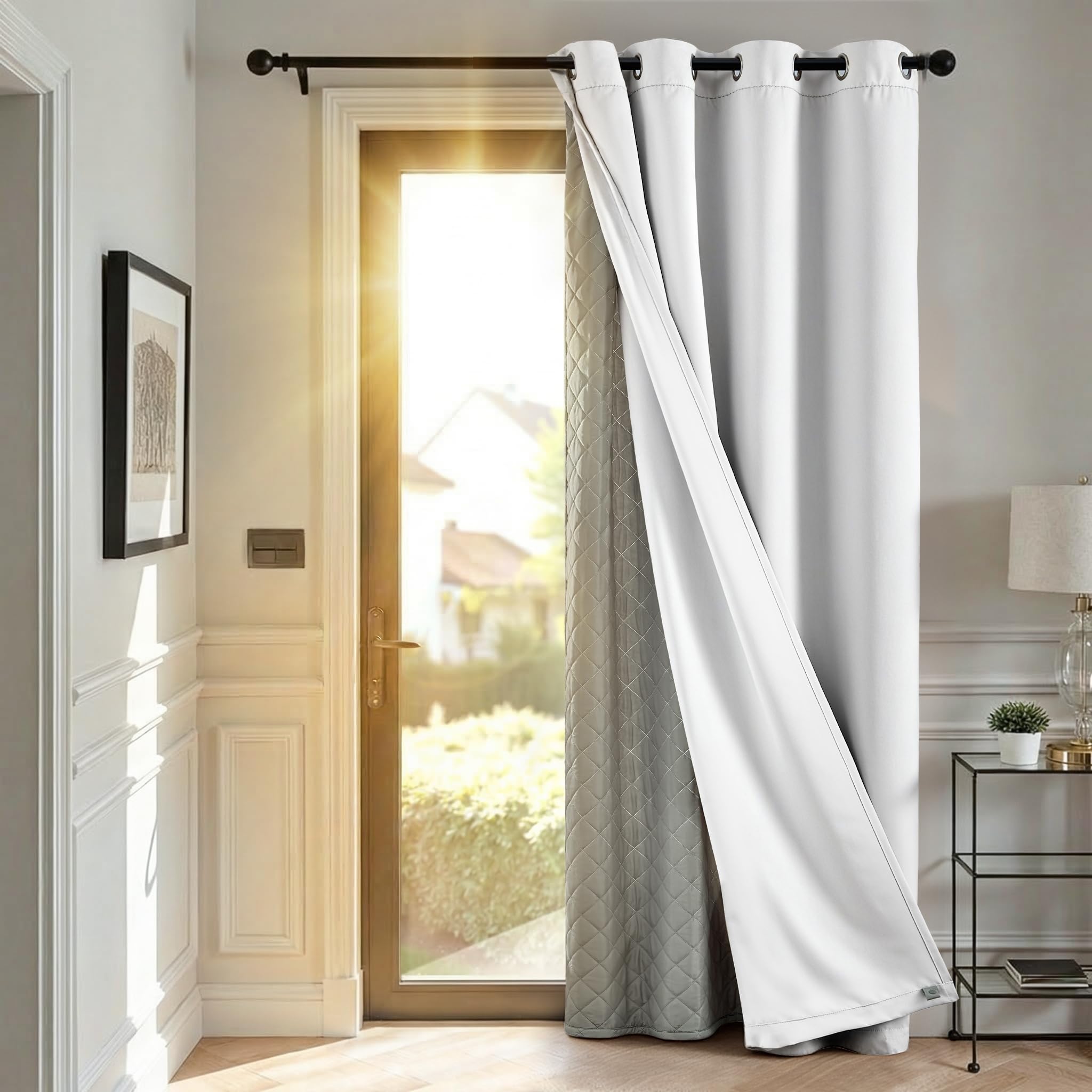 TOPICK Greyish White Thermal Curtains with Detachable Insulated Lining for Bedroom, Noise Reducing Double Layers Microfiber Full Blackout Windproof Door Curtain for Living Room W52 x L90 Inch, 1 Panel