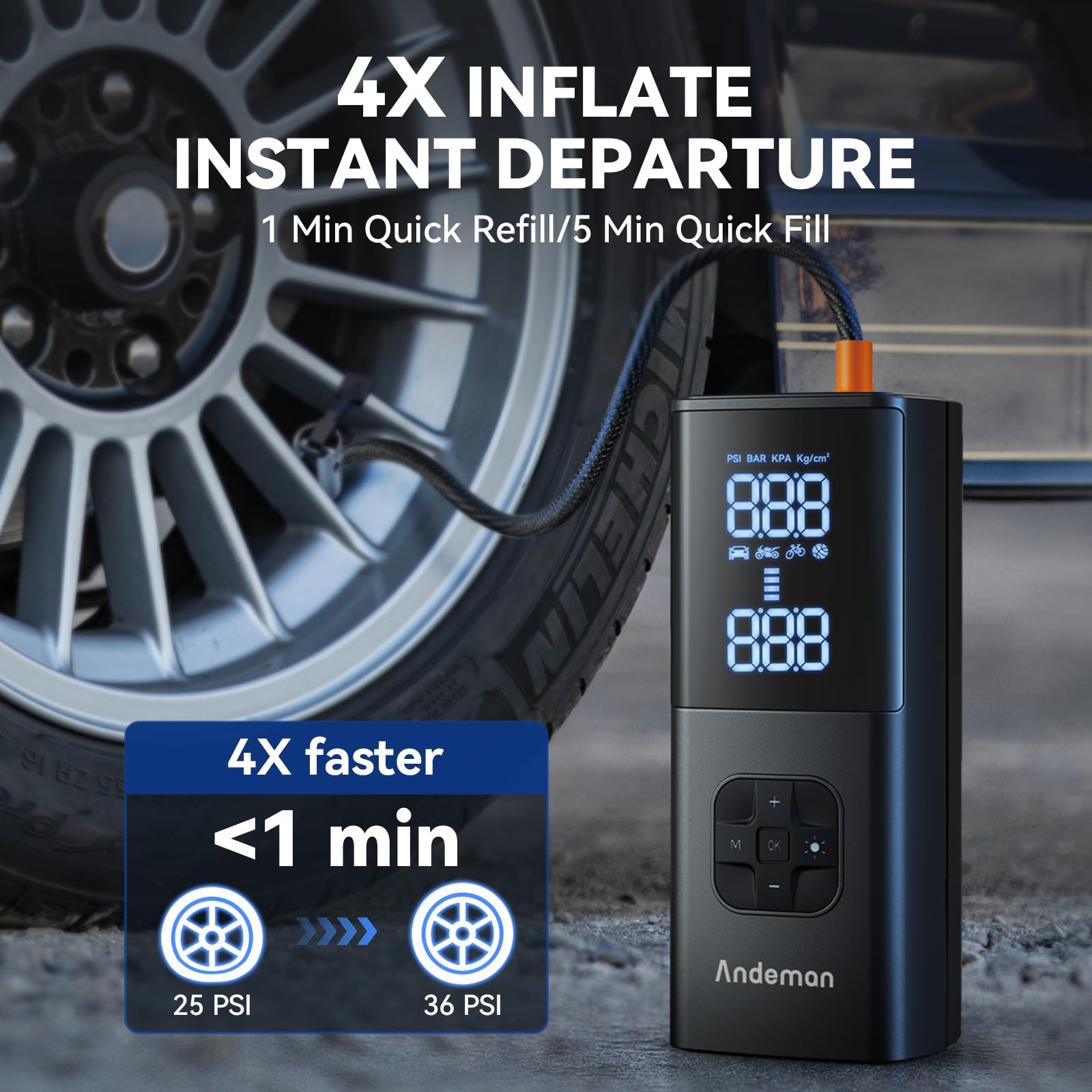 Andeman Tragbarer Luftkompressor, 150 PSI & 8000 mAh, tragbare Luftpumpe, 4 x schneller, kabelloser Reifenfüller mit großem Display und LED-Licht, schnurlose Luftpumpe für Autos, Fahrrad, Ball,