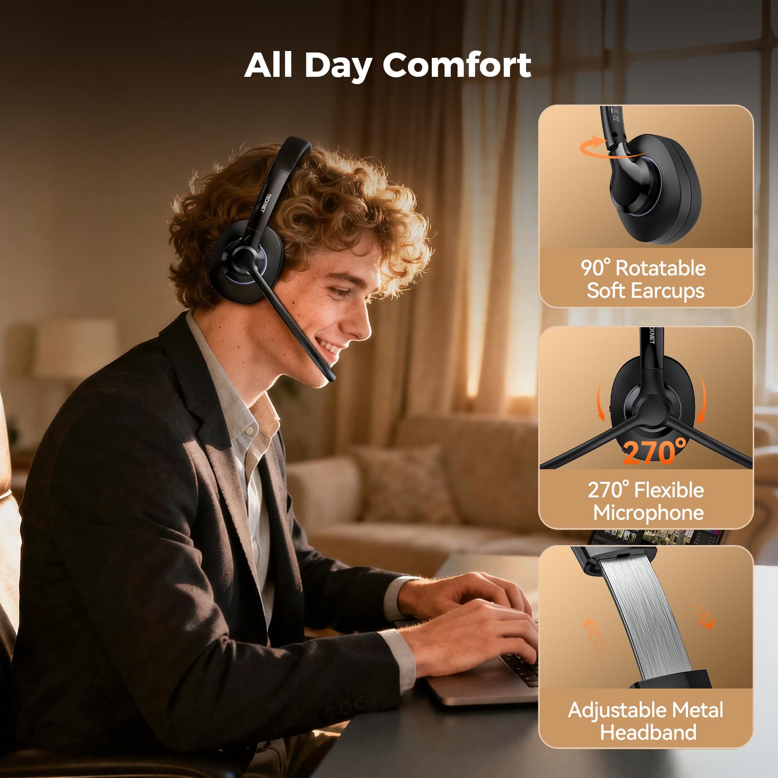 TECKNET Bluetooth Headset Wireless Headset with Microphone Active Noise Canceling,Bluetooth 6.0/USB-A On-Ear Headphones,50H Playtime & Mute,Wireless Headphones with Mic for Trucker Cellphone Office — view 5