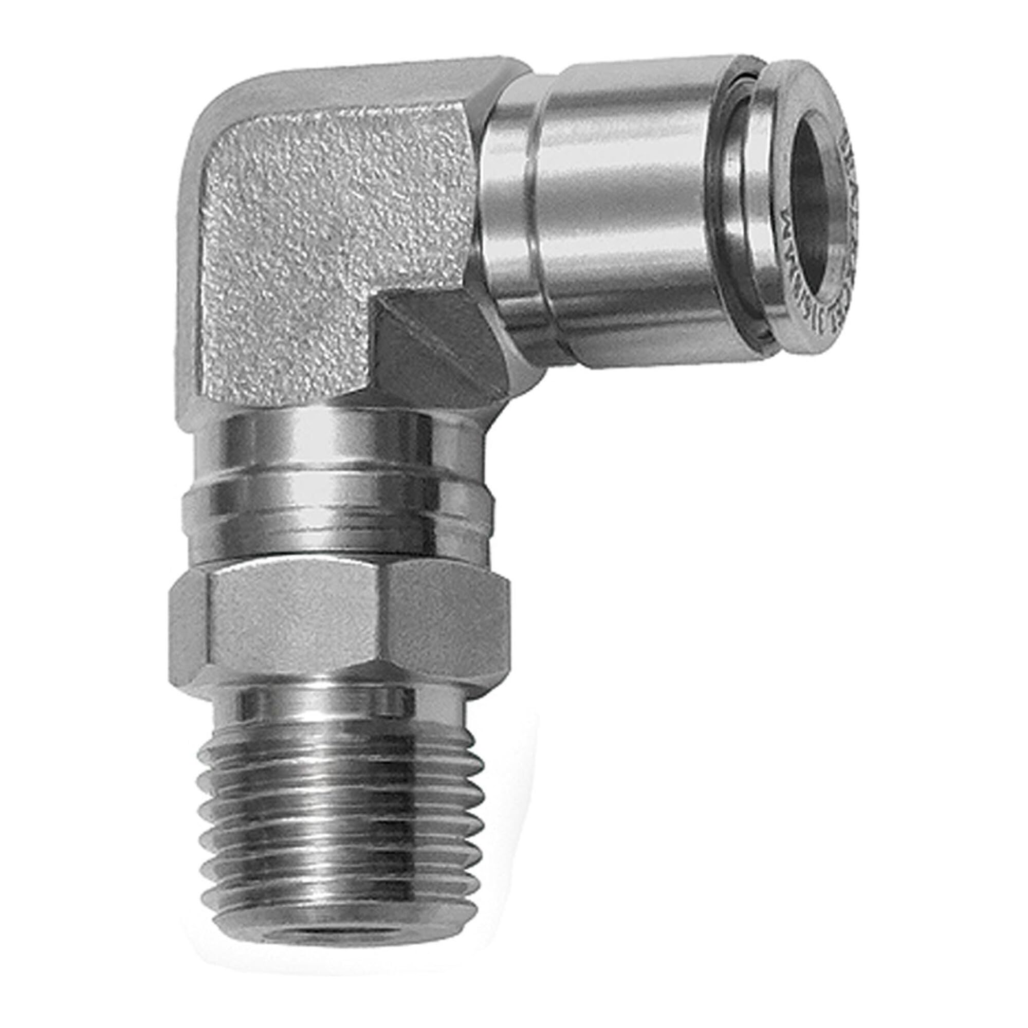 Racor en L, giratorio, R 3/8 A, para manguera de diámetro exterior de 10 mm, presión de trabajo máx. 20 bares, acero inoxidable 1.4404.
