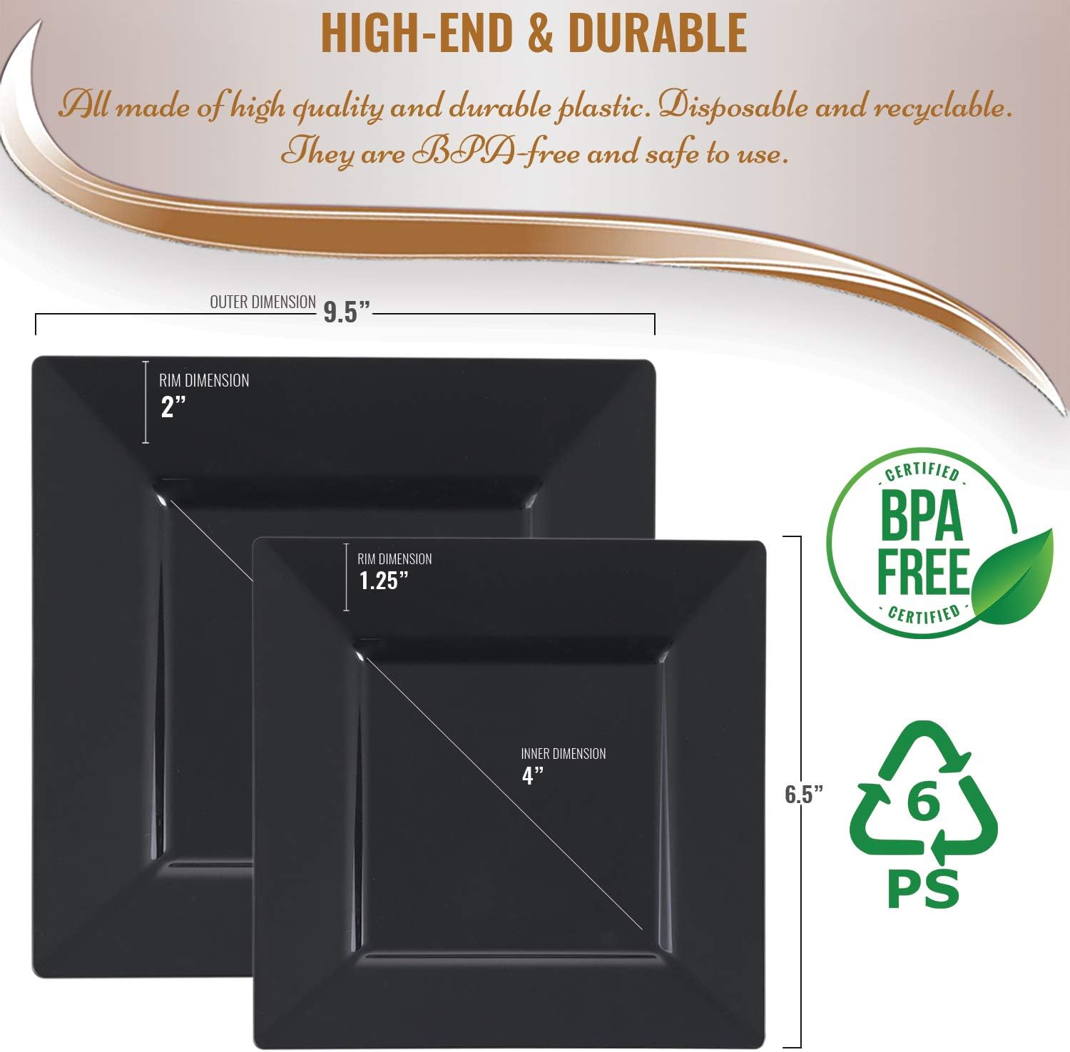 Smarty Had A Party Elegant Disposable Plastic Dinnerware Set, Heavy Duty Plastic Plates (Black, Combo Plate Set (120 Guests))