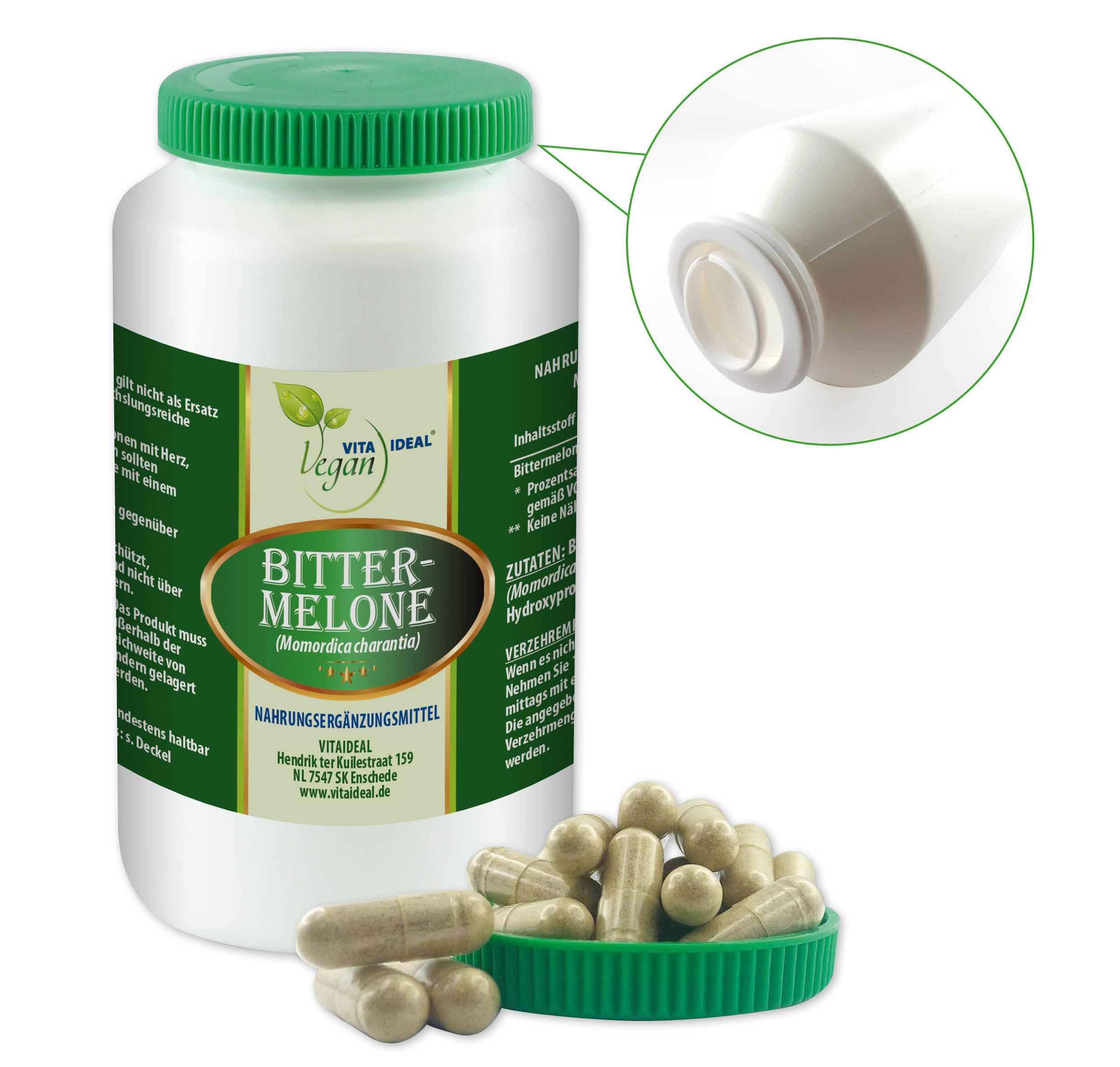 VITA IDEAL Vegan® BITTER - MELONE 3x 360 KAPSELN - Momordica charantia - Tagesportion 900mg, BITTERMELONE reines Pulver. Natürlich, pflanzlich & ohne Zusatzstoffe.