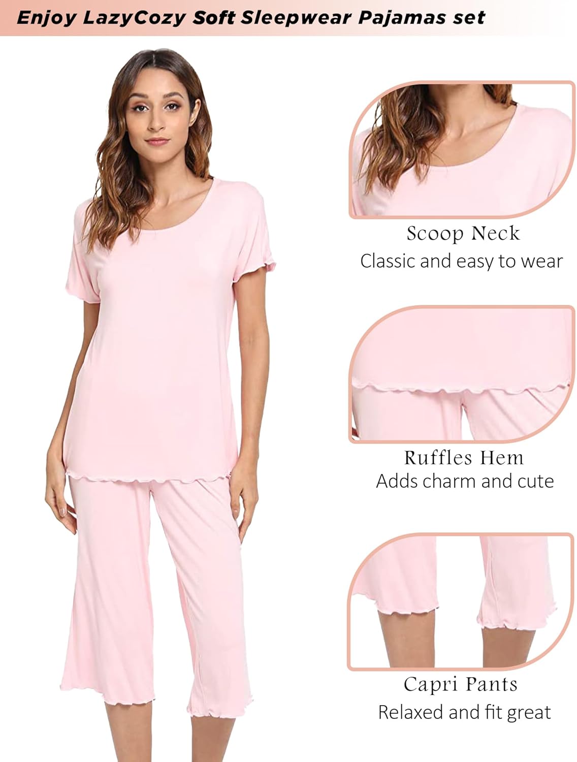 LazyCozy Womens Pajama Sets Viscose from Bamboo Pj Set Short Sleeve Top with Capri Pants Sleepwear 2 Piece Lounge Set - Image 4