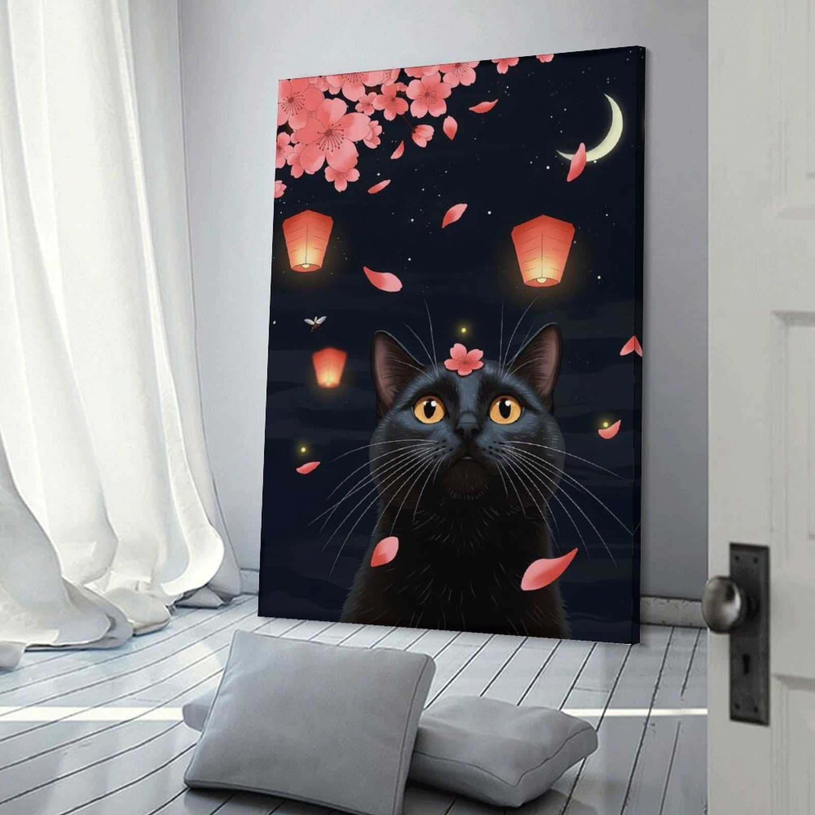 Junmoney Frame-Style-7 Black Cat With Cherry Blossoms Wall Picture Print, 24X36inch(60X90cm), For Lounge, Study, Hallway Or Flat Walls, Canvas Wall Art That Fits Changing Layouts
