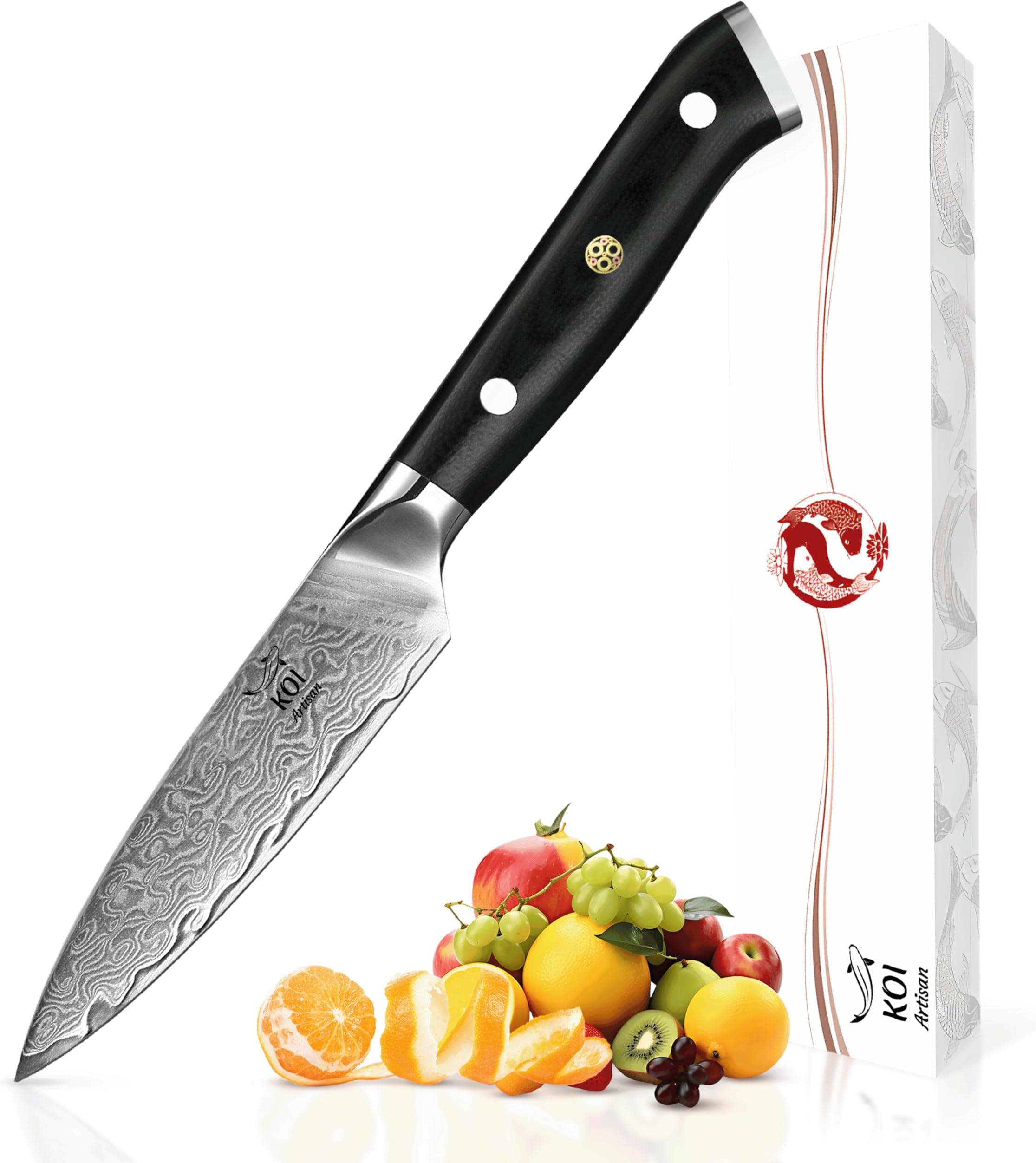 KOI ARTISAN Damascus Paring Knife - 3.5 Inch Razor Sharp Edge – Chef Knife 67 Layers of Japanese Damascus VG10 Super Steel - Military Grade G10 Handle Kitchen Knives