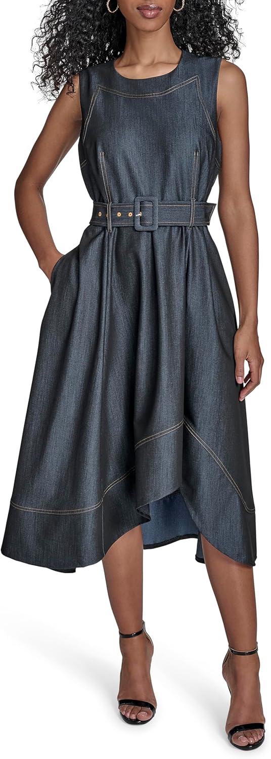Calvin Klein Womens Sleeveless Belted Asymmetrical Hem Midi Dress - Image 2