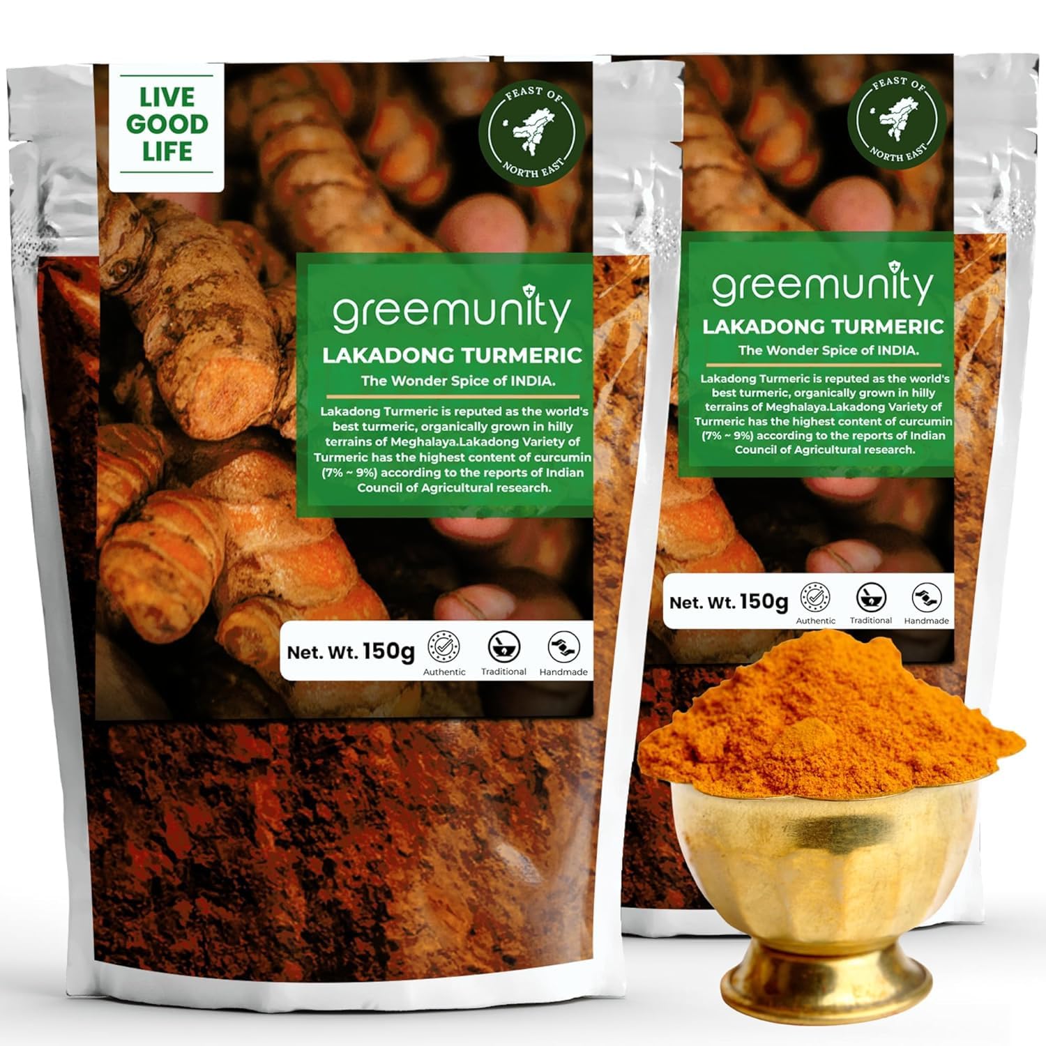 GREEMUNITY | Lakadong Turmeric 300 gms (150gms each X 2) Pack of 2 | From Jantia Hills, Meghalaya | Premium Lakadong Haldi Powder | Circumin Value 9% ~11% | High Circumin Turmeric | Organic Turmeric Powder
