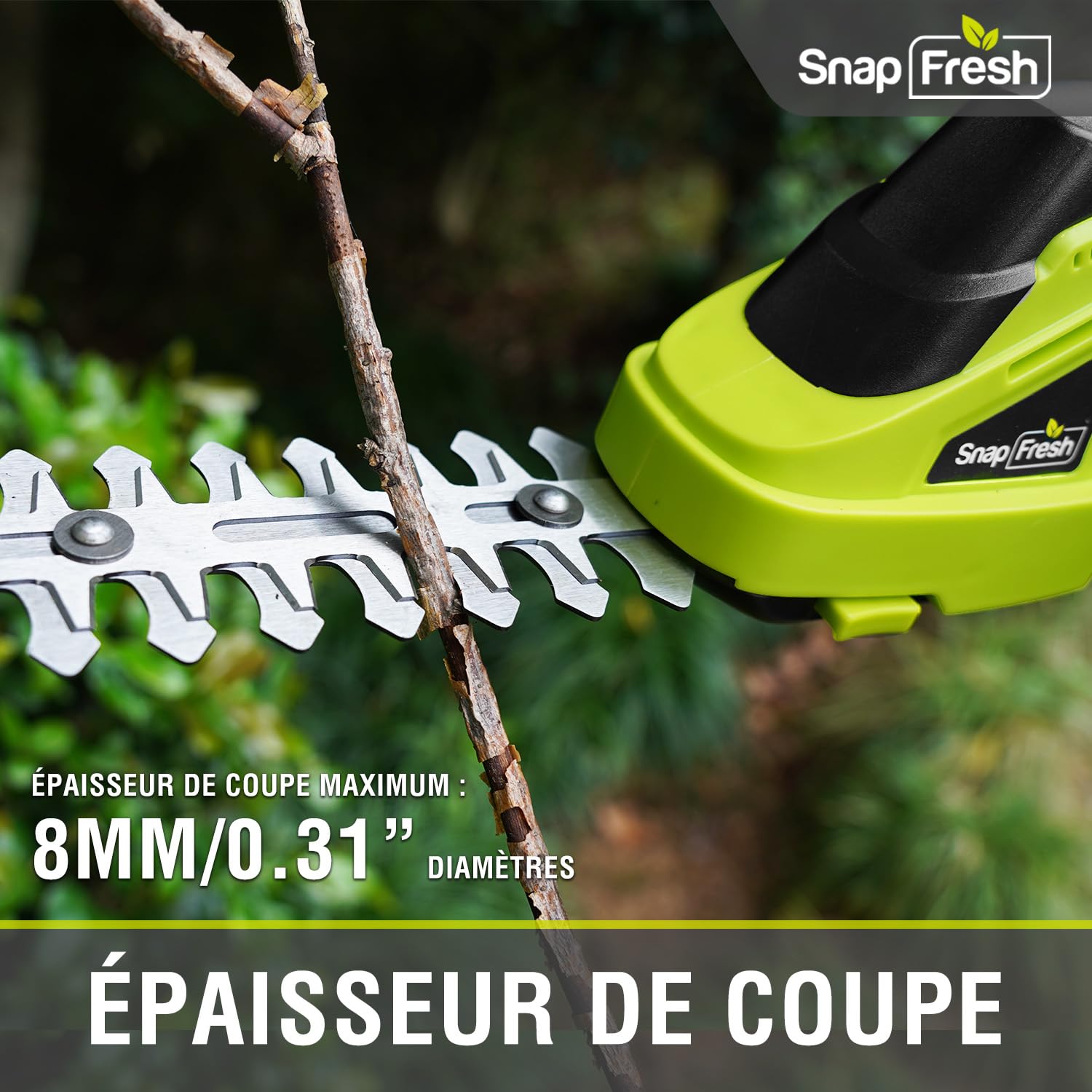 SnapFresh Taille Haie Batterie Electrique Mini Taille-Herbes sans Fil avec Batterie 8V Cisailles à Gazon Sculpte-Haies 2 en 1 - Autonomie: 60 Min, Longueur de Lame: 14 cm(Arbustes) / 8 cm(Herbe)