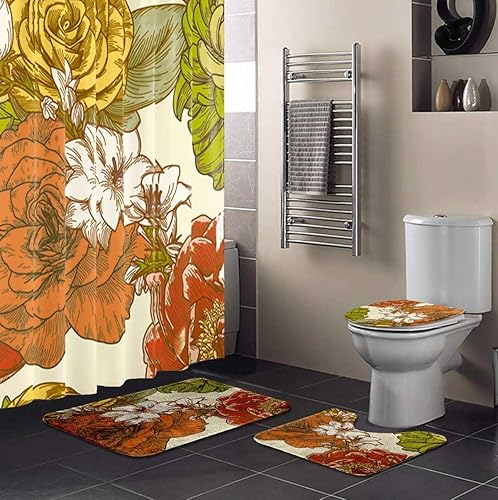 Miniatura 5 de Juego de 4 cortinas de ducha retro de los años 70 con moquetas modernas de flores amarillas, juego de baño para el hogar, baño, bañera, decoración