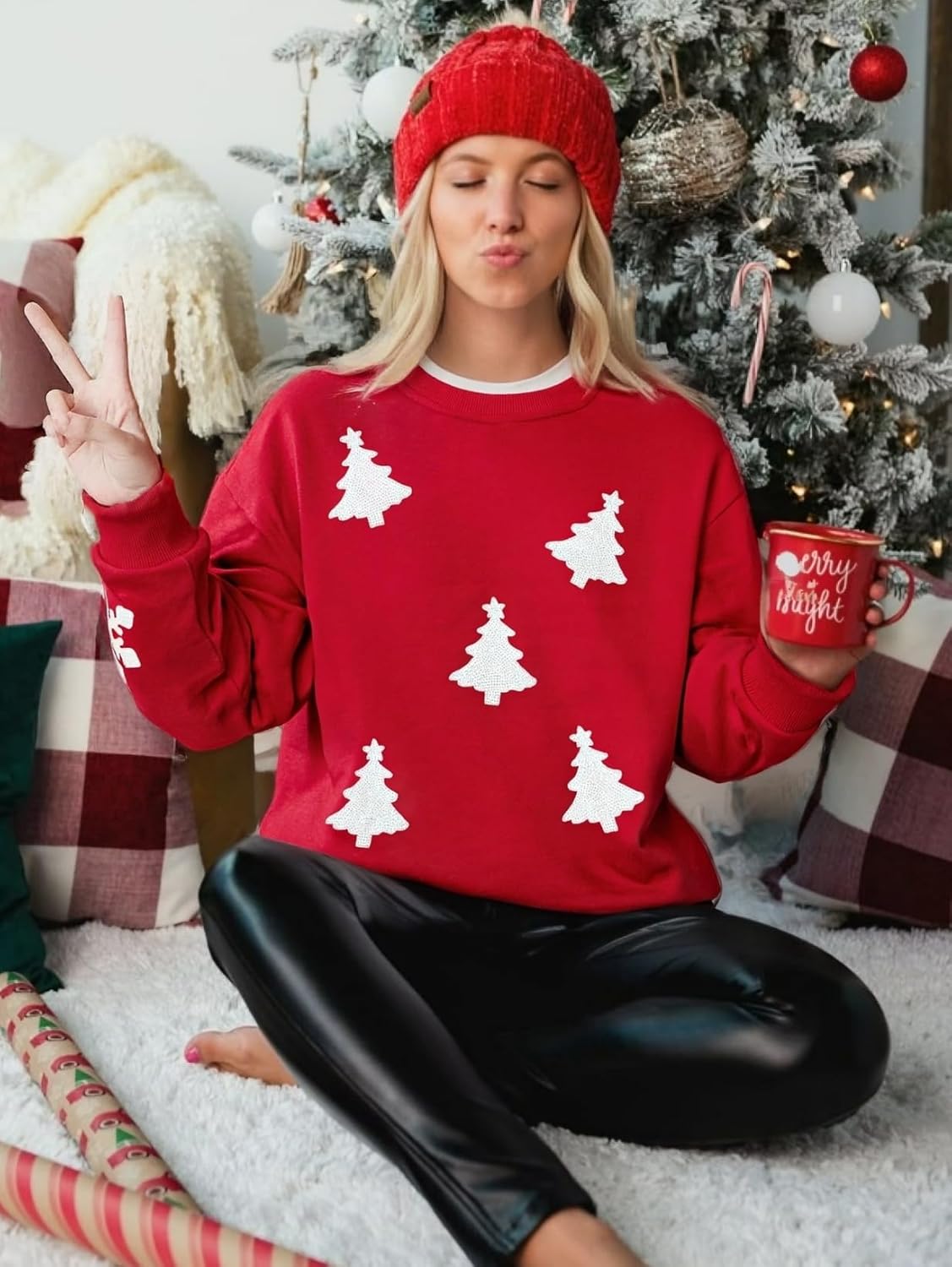 ASTANFY Merry Christmas Sweatshirts For Women: Christmas Tree Graphic Sweatshirts Grinch Long Sleeve Shirt - Image 3