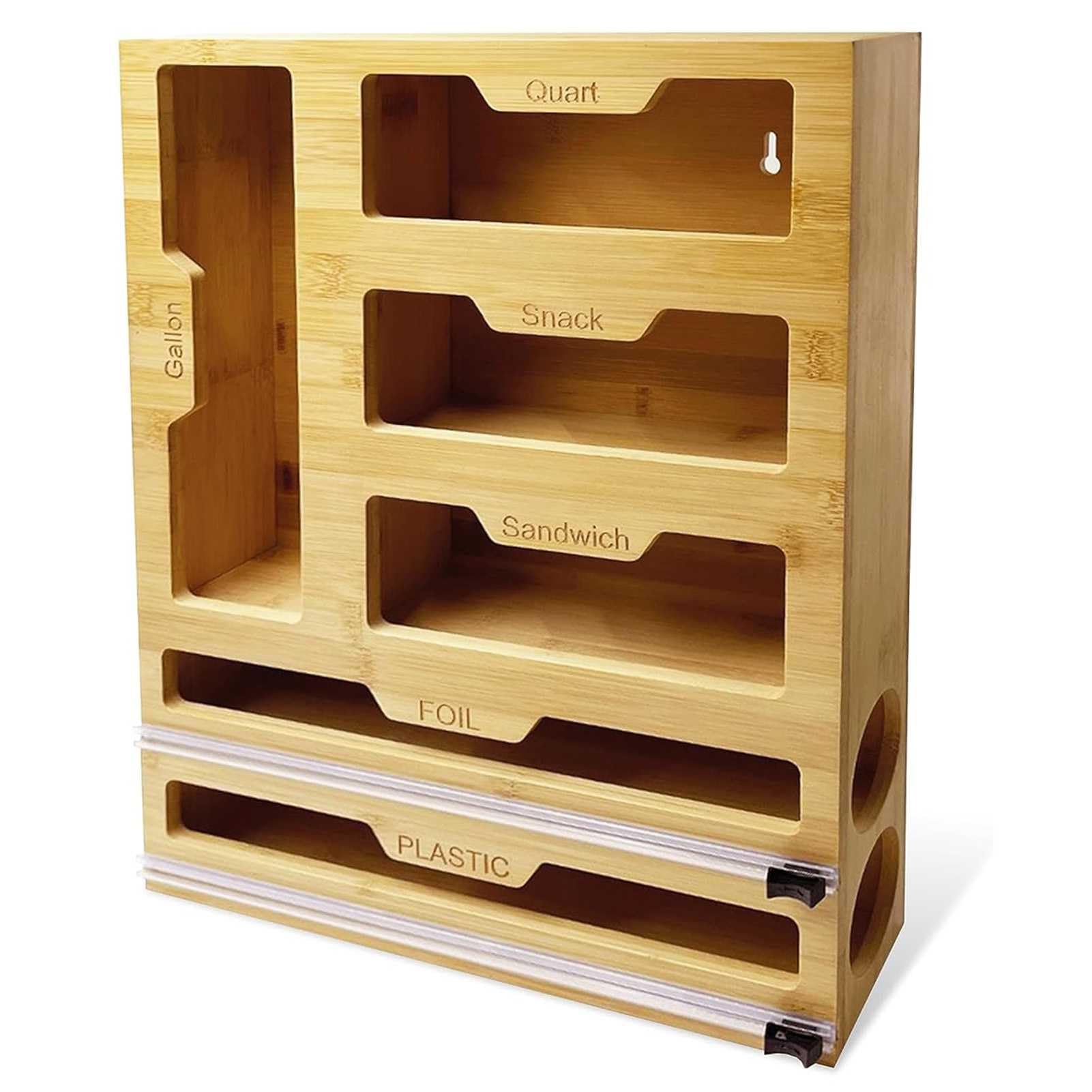 Caja organizadora de bolsas Ziplock para cajones de cocina de bambú, 6 en 1, plástico y envoltura de almacenamiento de alimentos con dispensadores y cortadores para bolsas de galones, cuartos, sándwic