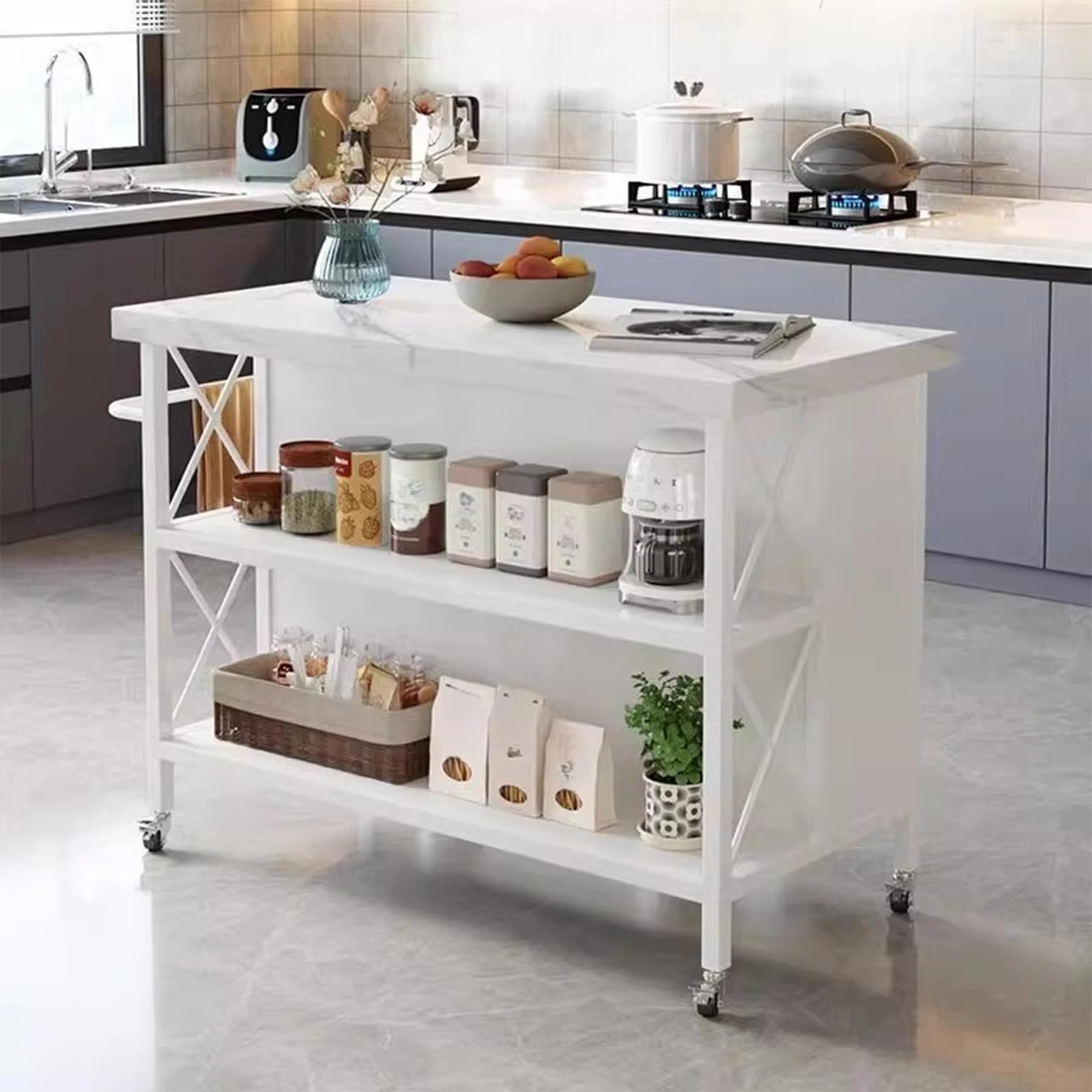 Armadietto per la preparazione della cucina Carrello portaoggetti mobile in metallo con isola da cucina piano in pietra e armadietto cassetti(Nero,Piccolo)