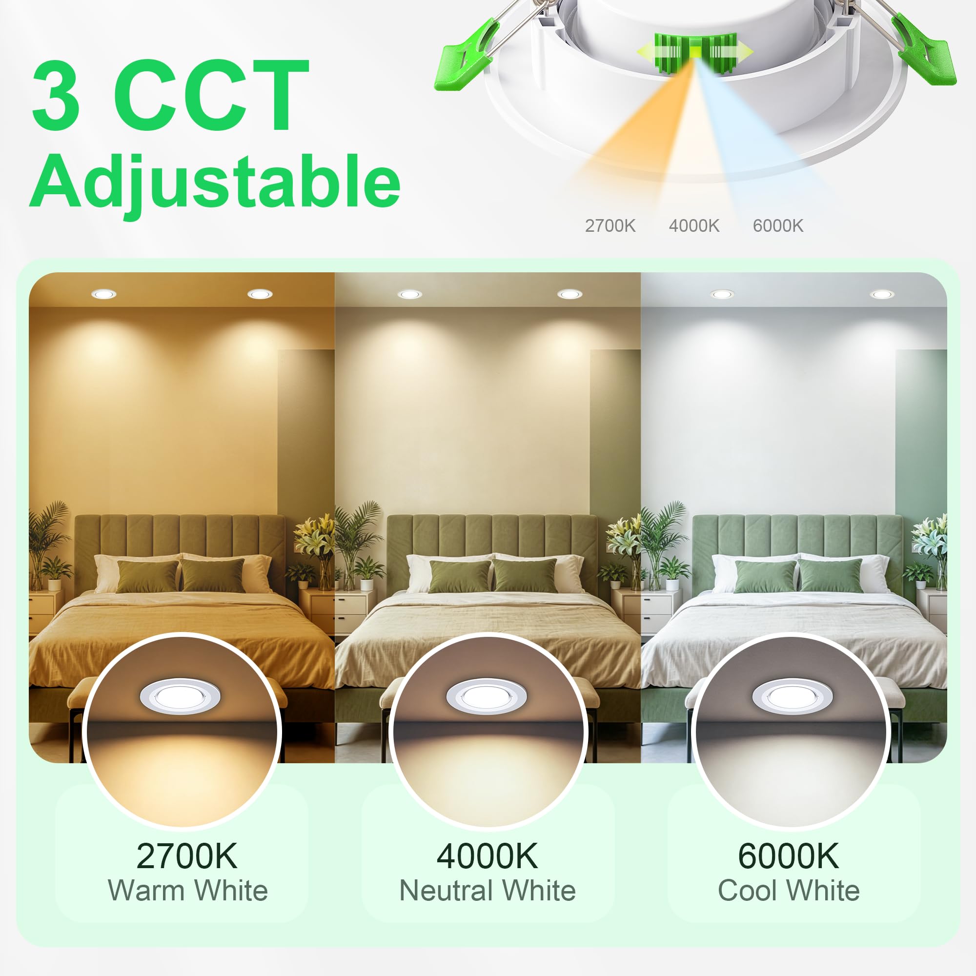 10 Faretti LED da Incasso per Cartongesso, Foro Ø68-80 mm, Orientabili 45°, Faretti LED Ultrasottili da 23 mm, 5W, 3 CCT 2700K/4000K/6000K, IP44 per Bagno e Cucina, 230V, Bianco