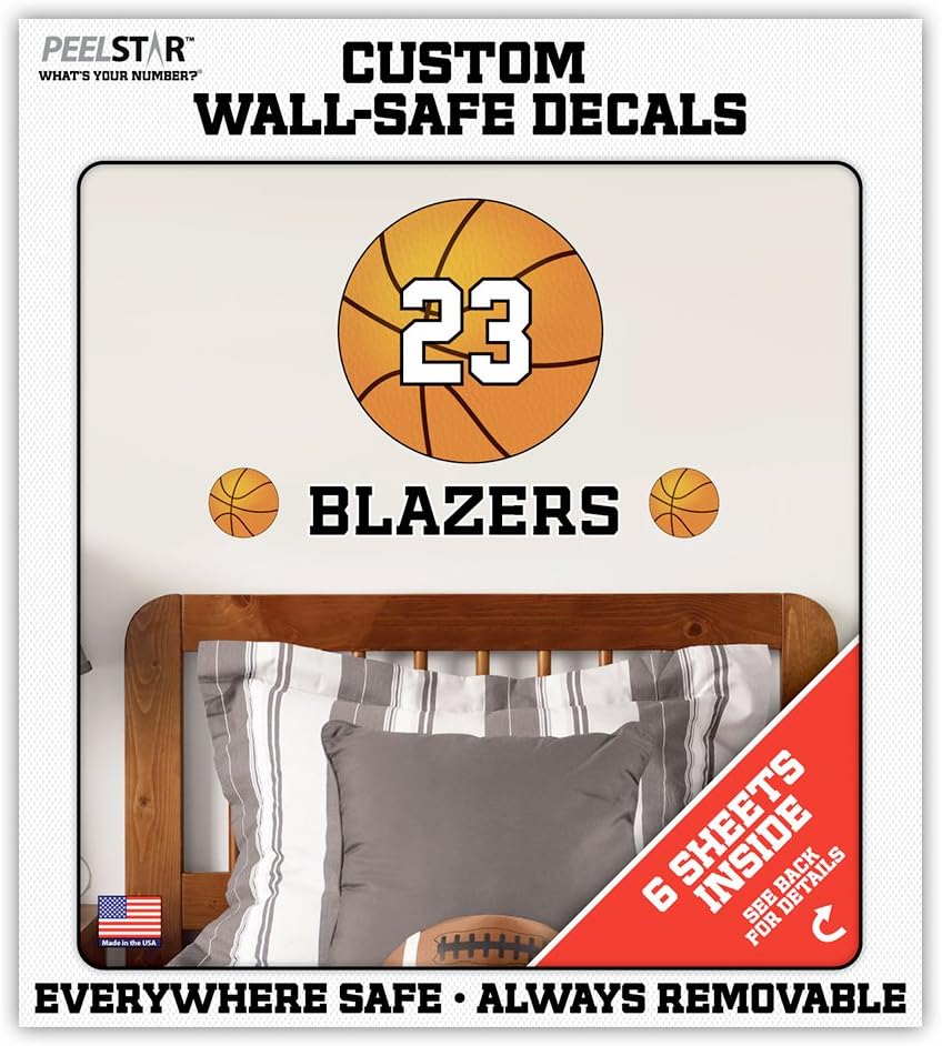 Peelstar Wall-safe Self Stick Decals: Giant Sports Balls with Numbers and Letters (Basketball)