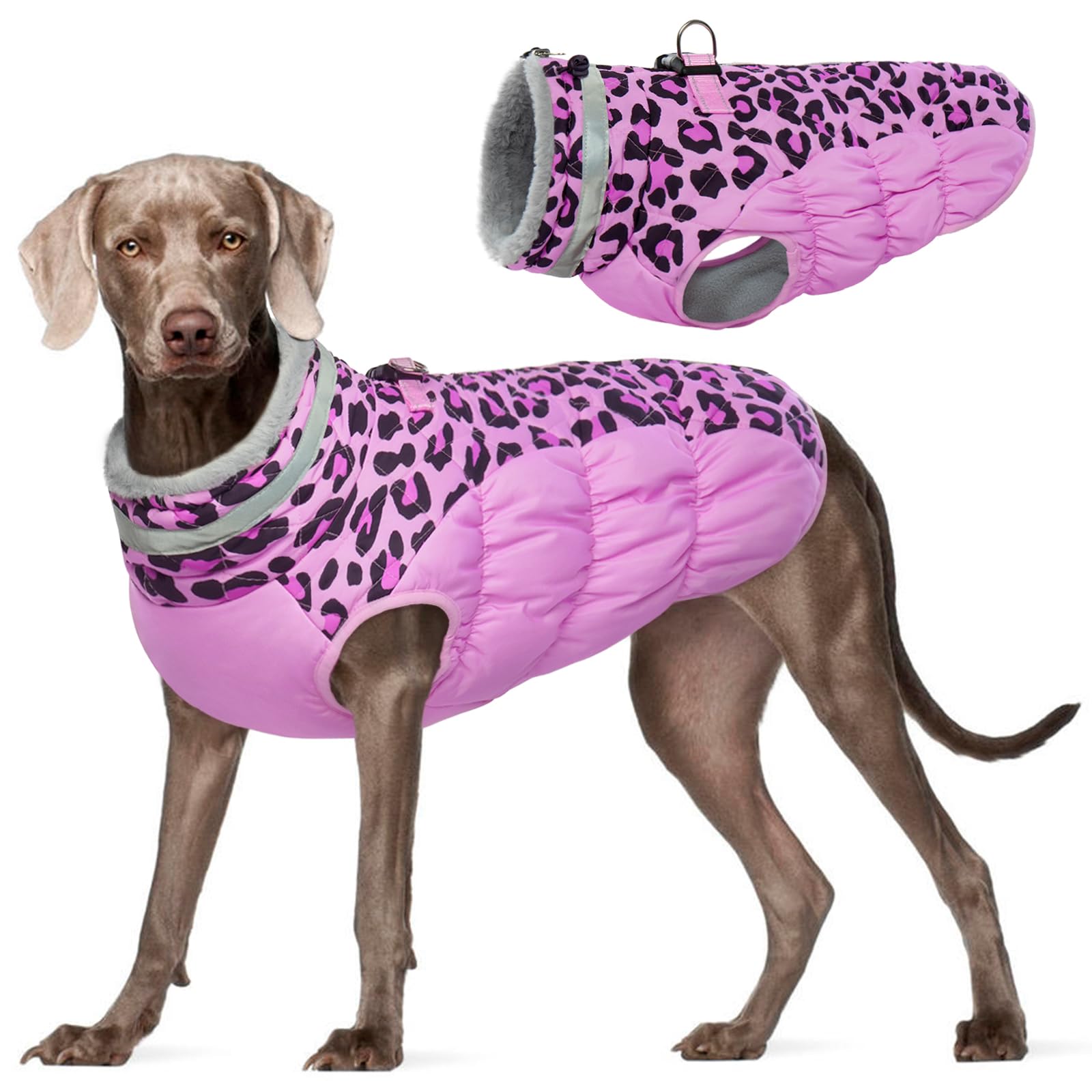 FUAMEY Abrigo de invierno para perro, chaqueta para clima frío con cremallera, arnés integrado, chaleco acolchado, resistente al agua, reflectante, leopardo rosa, S/M/L/XL
