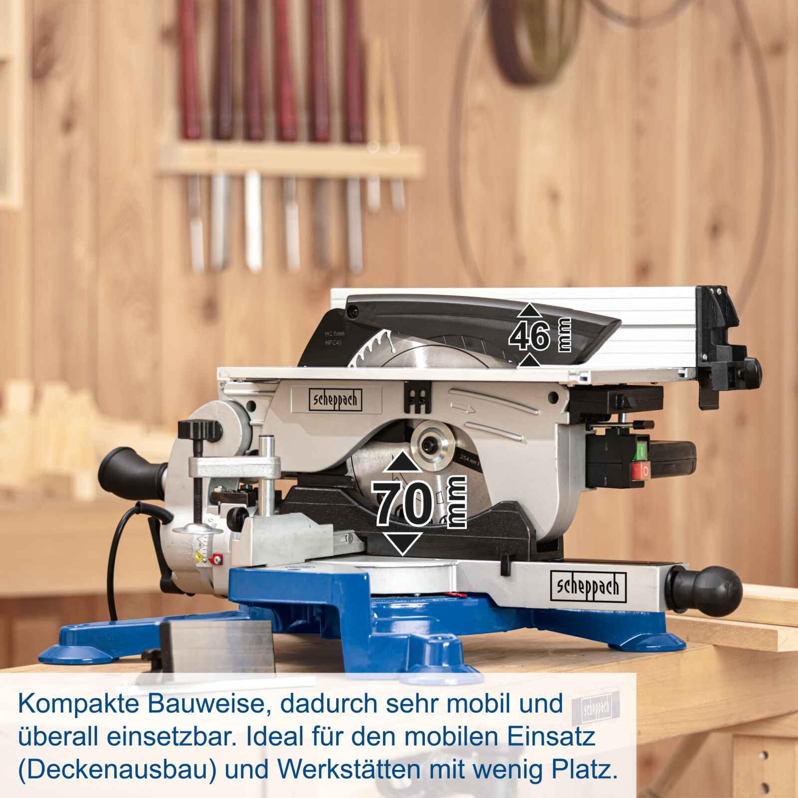 Scheppach 5901103901 ingletadora combinada con tapa de mesa, dos sierras en un solo dispositivo, versátiles, compacta, robusta y ligera, motor de 1800 W, 230 V, azul, plateado, negro