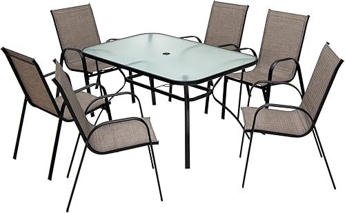 Miniatura 8 de Tangkula Mesa de comedor de patio para 6, mesa rectangular de 55 pulgadas con agujero para sombrilla de 1.5 pulgadas, mesa de vidrio templado, marco