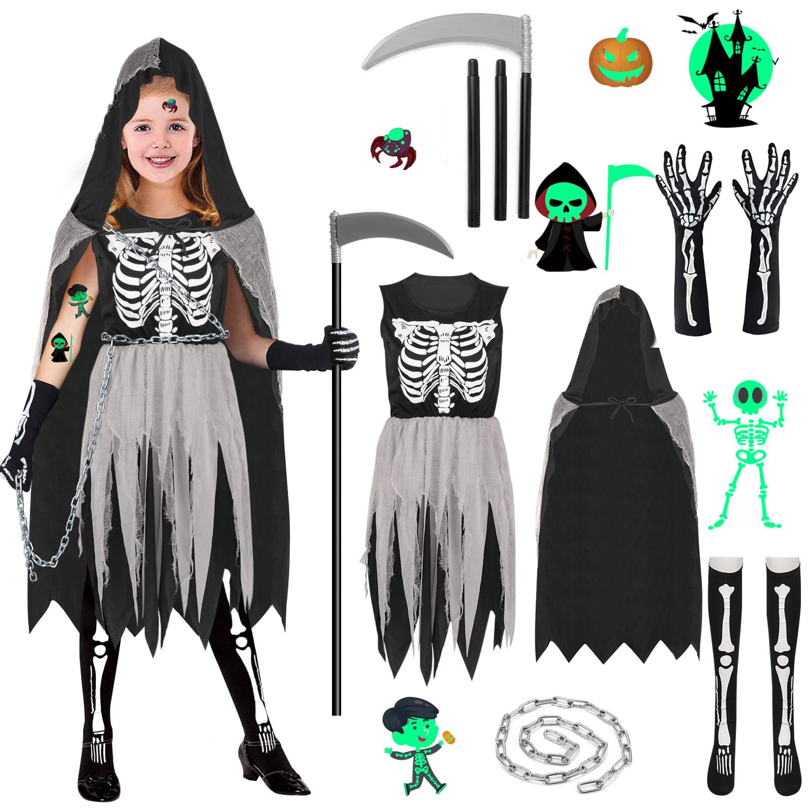 Grim Reaper Costume Kids Girls Skeleton Costume Kids 12-13-14 Years Halloween Grim Reaper Robe Death Skeleton Dress Girls Grim Reaper Cloak Black Halloween Scythe Gloves Skeletons (XXL (12-14 Years))