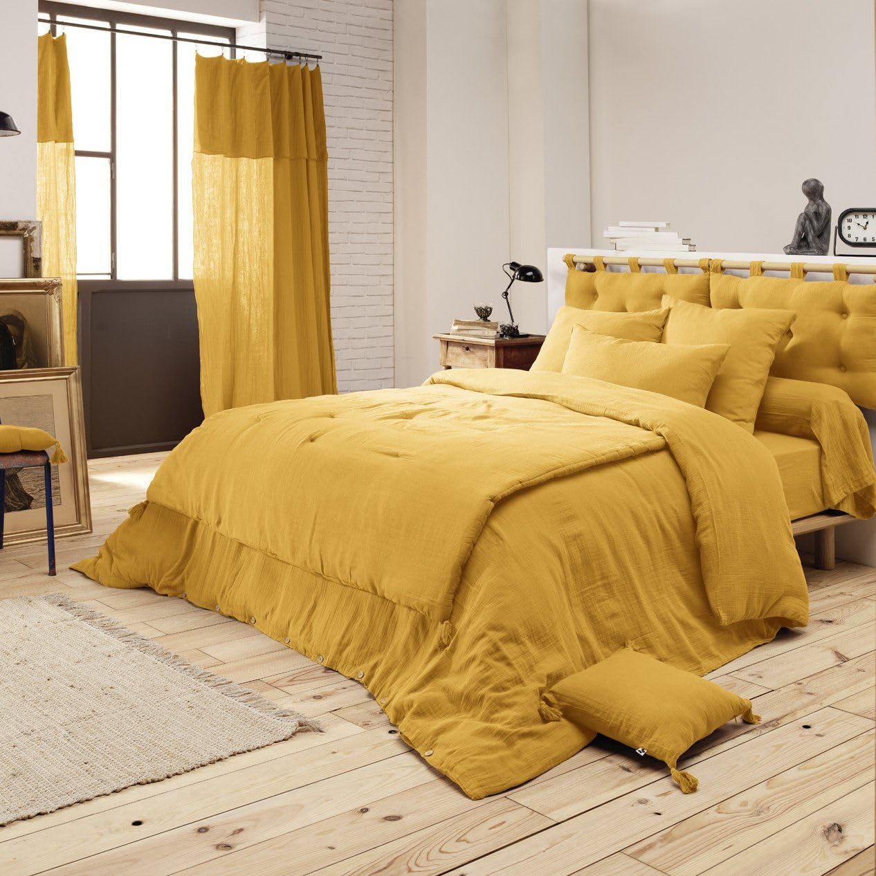 Edredon Dessus de lit L’Effet Papillon 90x200 cm – Copriletto 100% Gaze di Cotone con Finitura a Nappe [ Dessus de Lits et Couvre-Lits ] (Giallo Zafferano)
