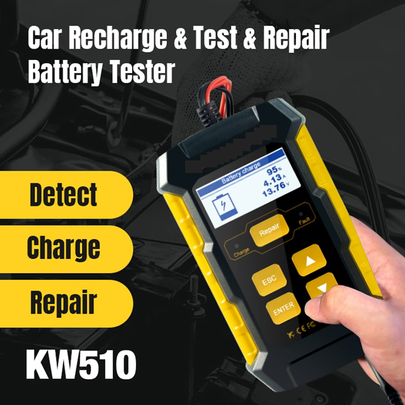 Comprobador de baterias de coche Kw510 Tester de batería de automóvil Reparación de pulsos de automóviles Cargadores de batería automotriz Herramienta de mantenimiento de dispositivos de diagnóstico a