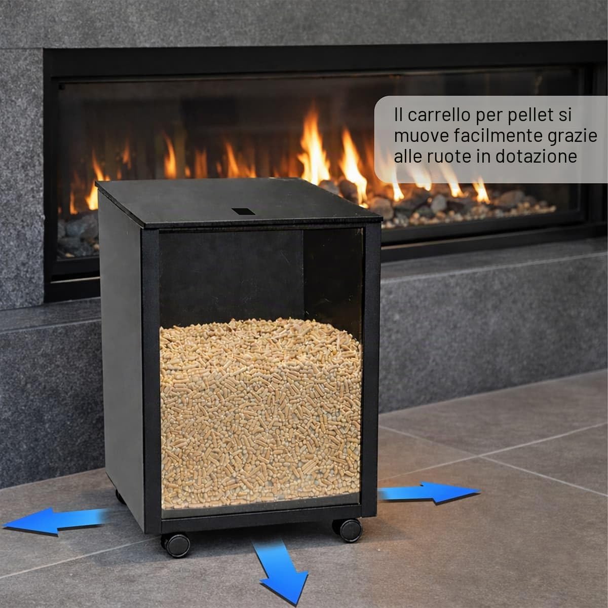 MS Beschläge Pellet Box in metallo nero con ruote e parabrezza, contenitore mobile per pellet con coperchio, per stufa a pellet e camino, robusto carrello a pellet per pellet di legno fino a 35 kg