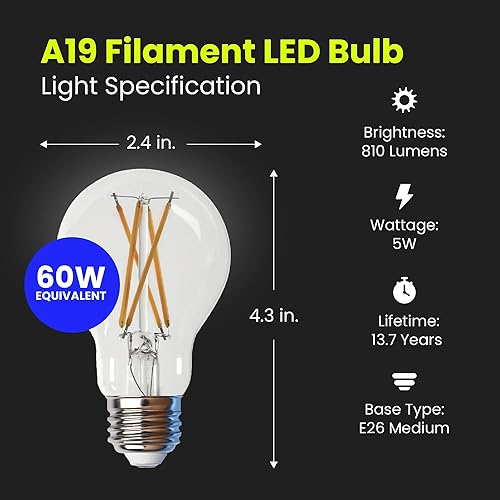 Miniatura 2 de Feit Electric Bombilla LED transparente A19 de base media, equivalente a 60 W, vida útil de 15 años, 810 lúmenes, blanco brillante de 3000 K,