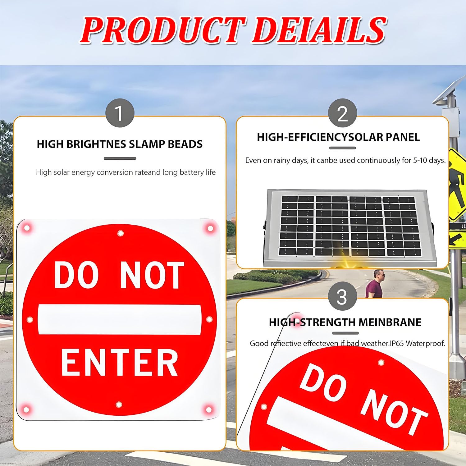 Cartello lampeggiante a LED con scritta Vietato l'ingresso alimentato a energia solare,struttura in alluminio resistente e antiruggine,12LED,cartello a LED con scritta Vietato l'ingresso 24in-1piece