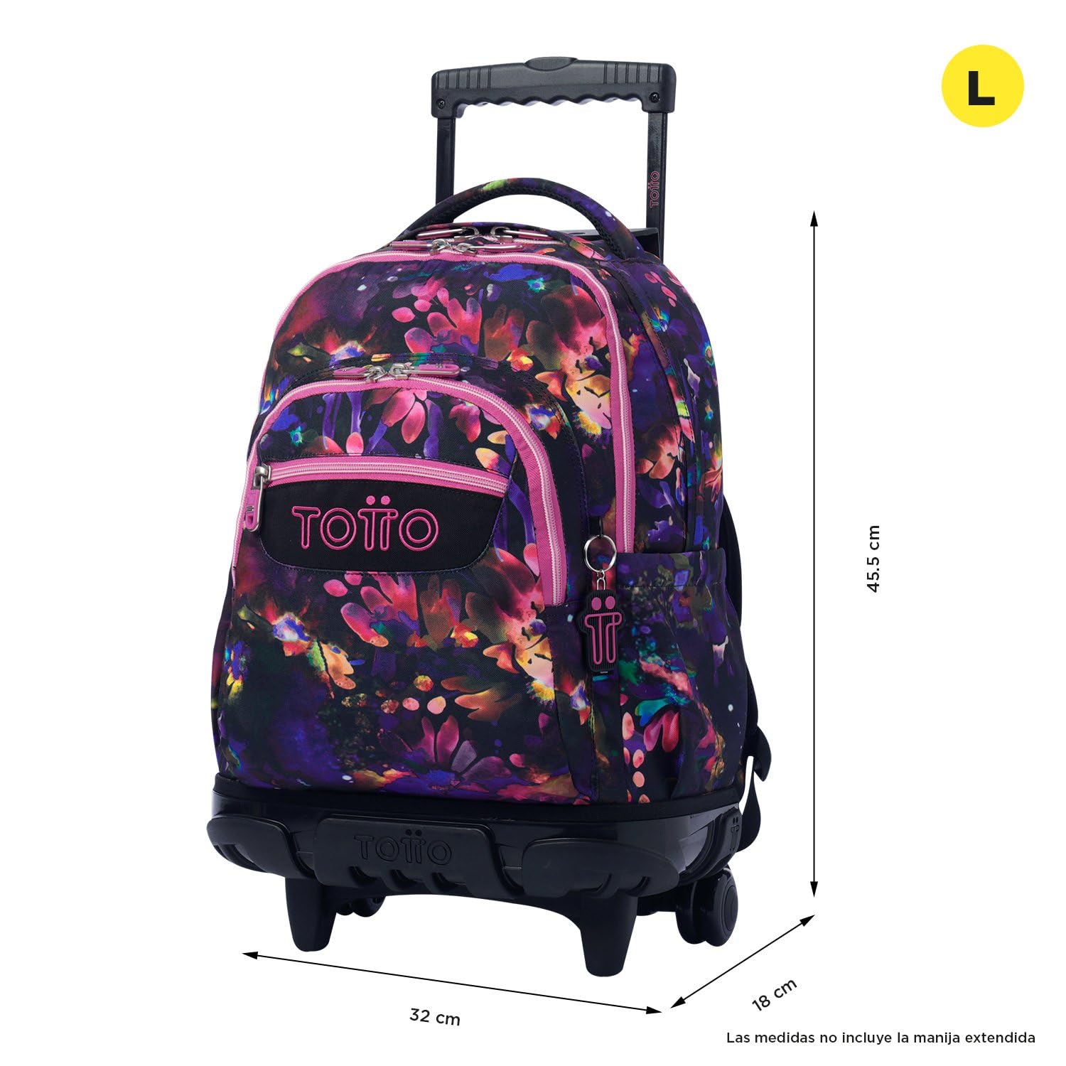 TOTTO - Mochila Escolar con Ruedas, Modelo Renglones, Capacidad 26,21 Litros, Bolsillo para PC 14", Bolsillo Botella, Correas en S para Mayor Comodidad, Resistente, Estampado Flower Galaxy