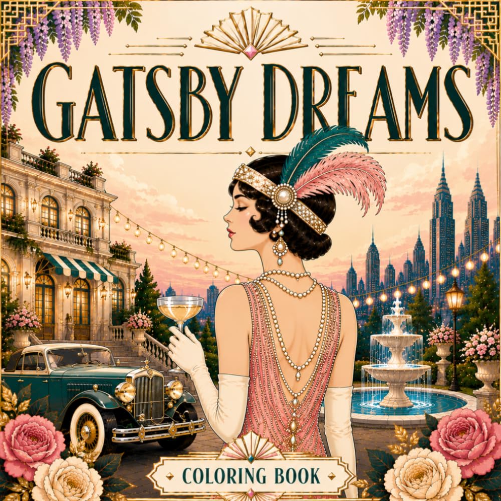 Gatsby Dreams Coloring Book for Adults Featuring Roaring 20s Glamour, Art Deco Parties, Vintage Fashion, Luxury Mansions, Elegant Women and Jazz Age Coloring Pages