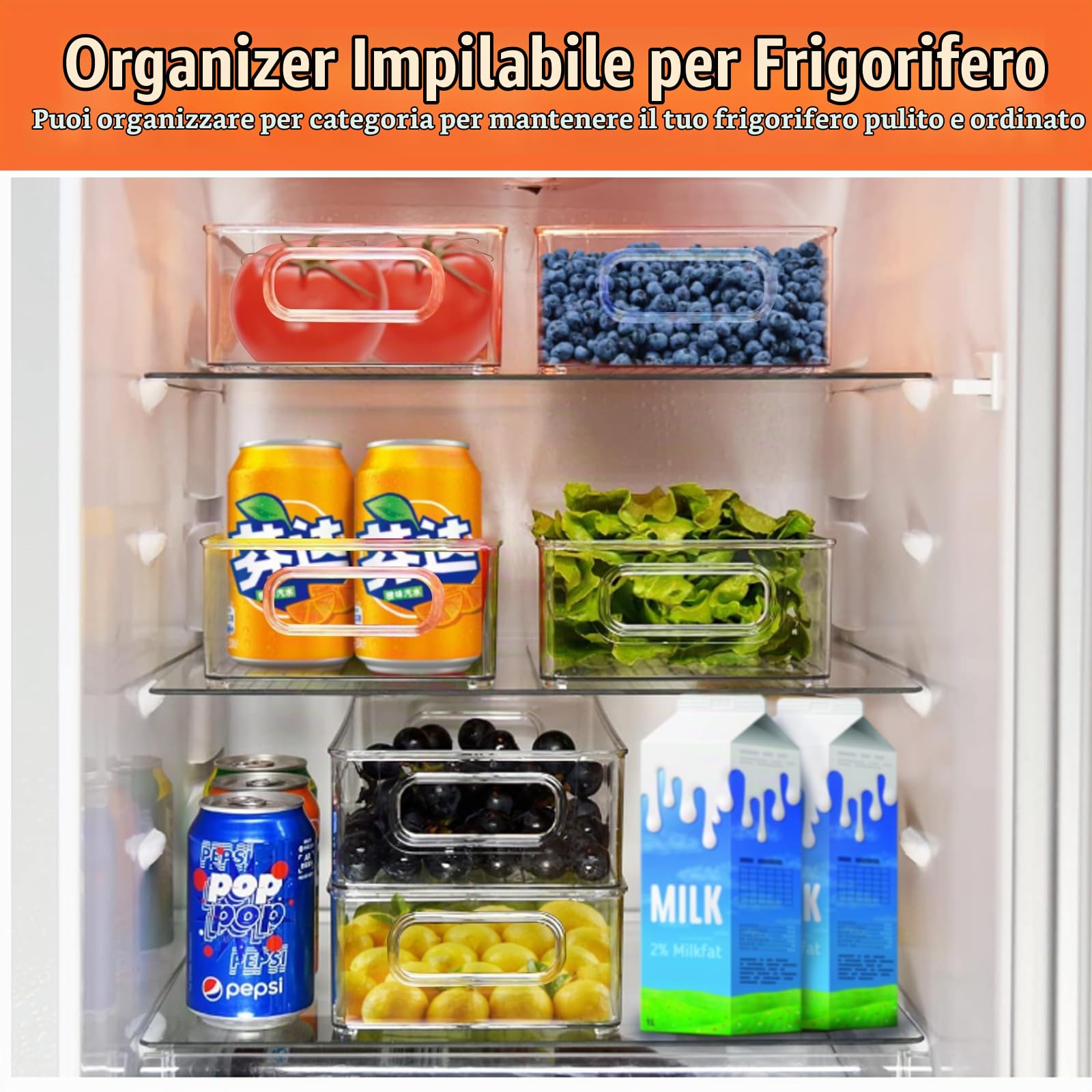6Pcs Organizer Frigorifero Impilabili con Maniglia, Set Contenitori Frigo Trasparente, Cestini Organizzatori Salvaspazio Senza BPA per Cucina, Armadietti, Bagno, Dispensa, Congelatore, Ripiani